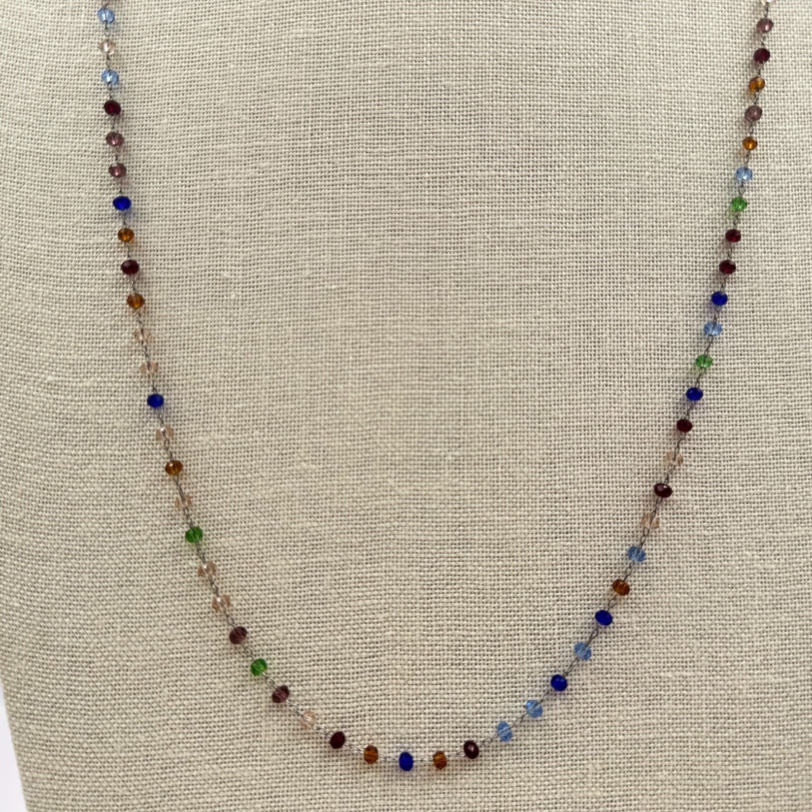 Vintage 80s Rainbow Crystal Bead Necklace Chakra Glass Alloy Cable Chain Jewelry - Thumbnail 3