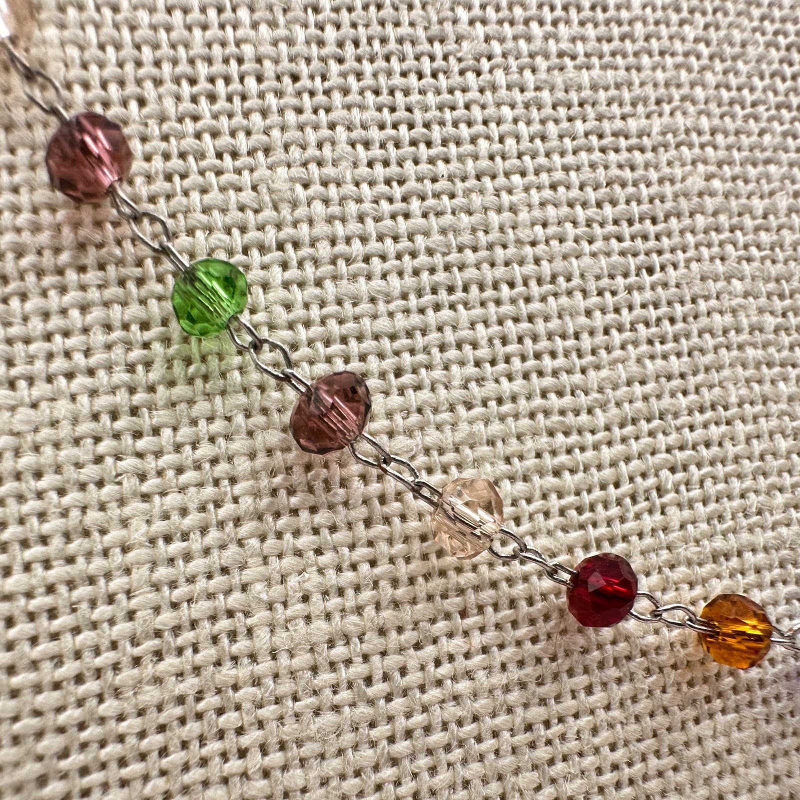 Vintage 80s Rainbow Crystal Bead Necklace Chakra Glass Alloy Cable Chain Jewelry - Thumbnail 4