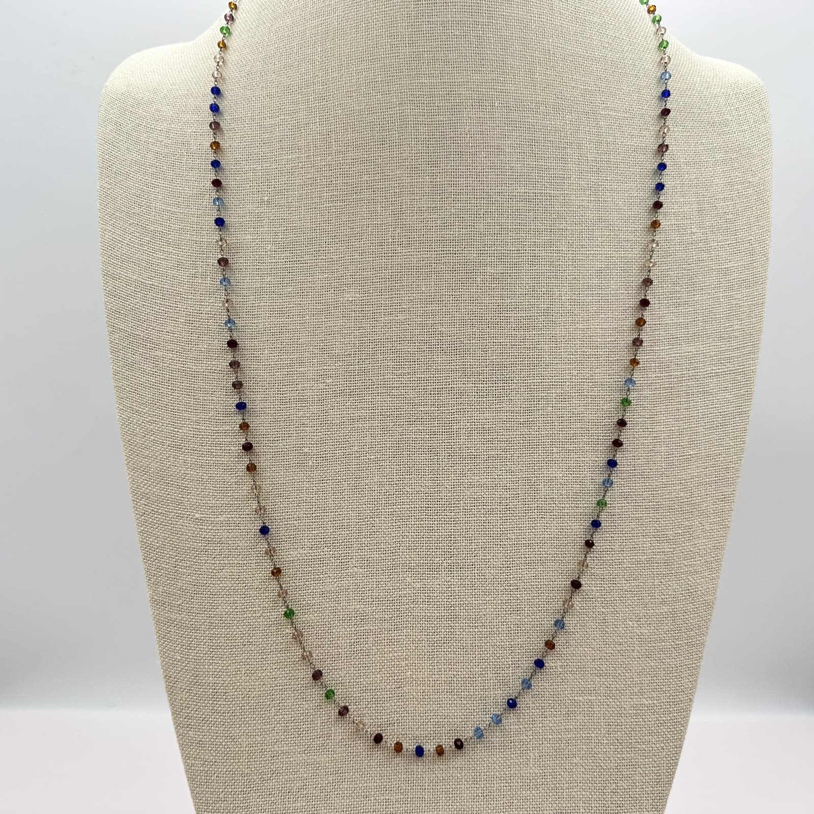 Vintage 80s Rainbow Crystal Bead Necklace Chakra Glass Alloy Cable Chain Jewelry - Thumbnail 2