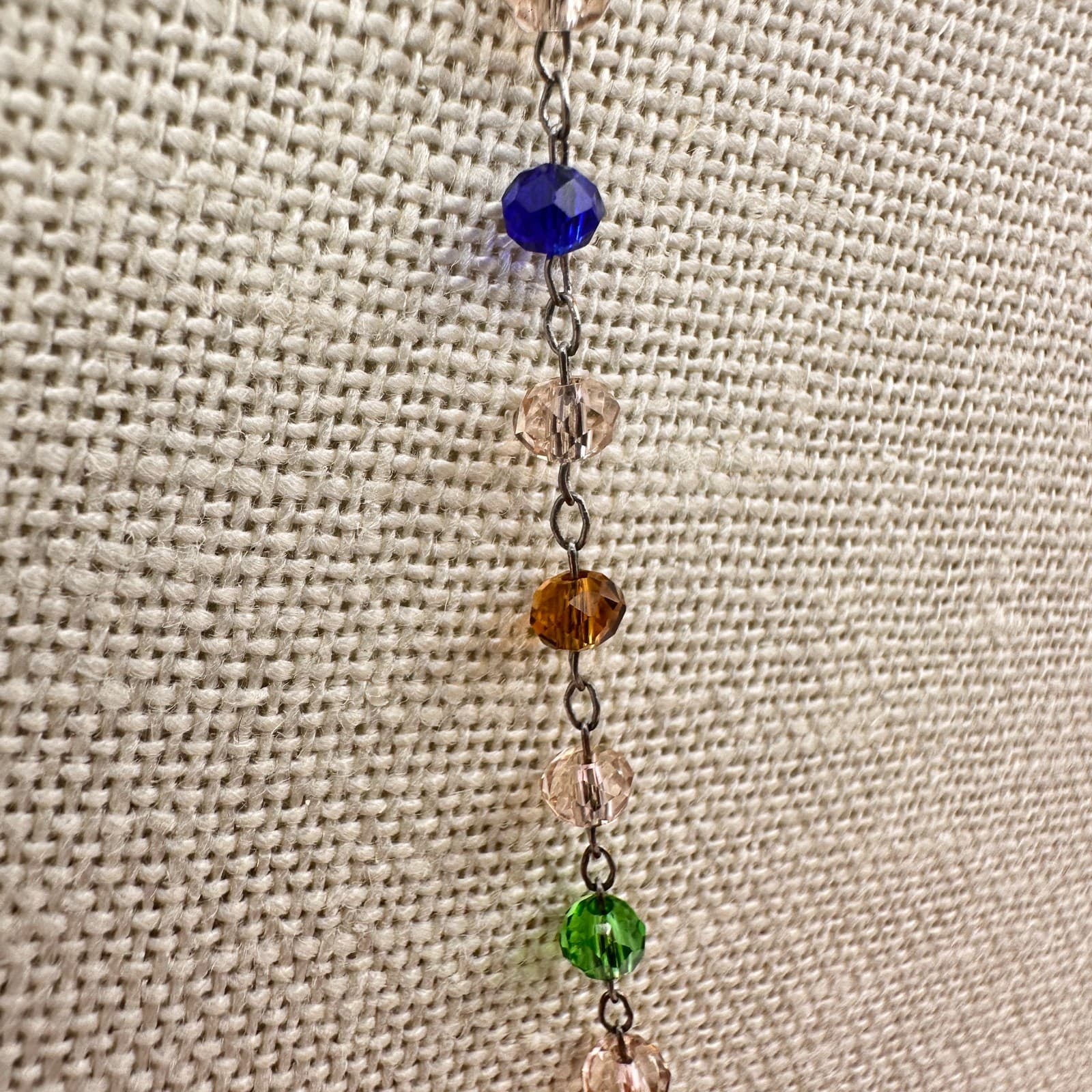 Vintage 80s Rainbow Crystal Bead Necklace Chakra Glass Alloy Cable Chain Jewelry - Thumbnail 7