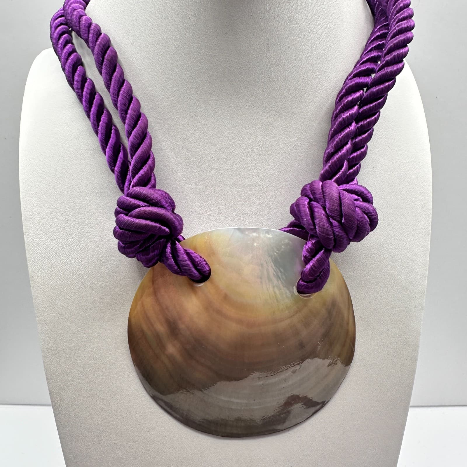 Vintage 90s Women's Purple Silk Cord Round Shell Pendant Necklace Set of Two - Thumbnail 4