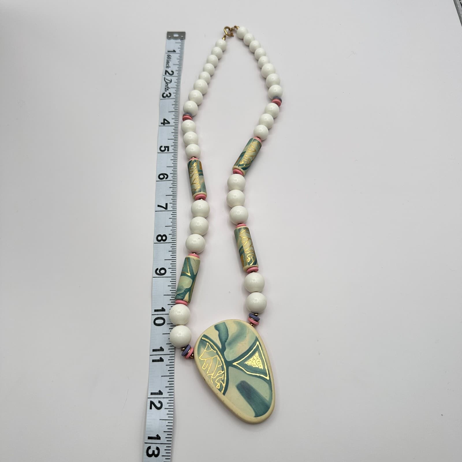 Vintage 90s Ceramic Pendant Necklace Hand Painted Pastel Abstract Art Jewelry - Thumbnail 7