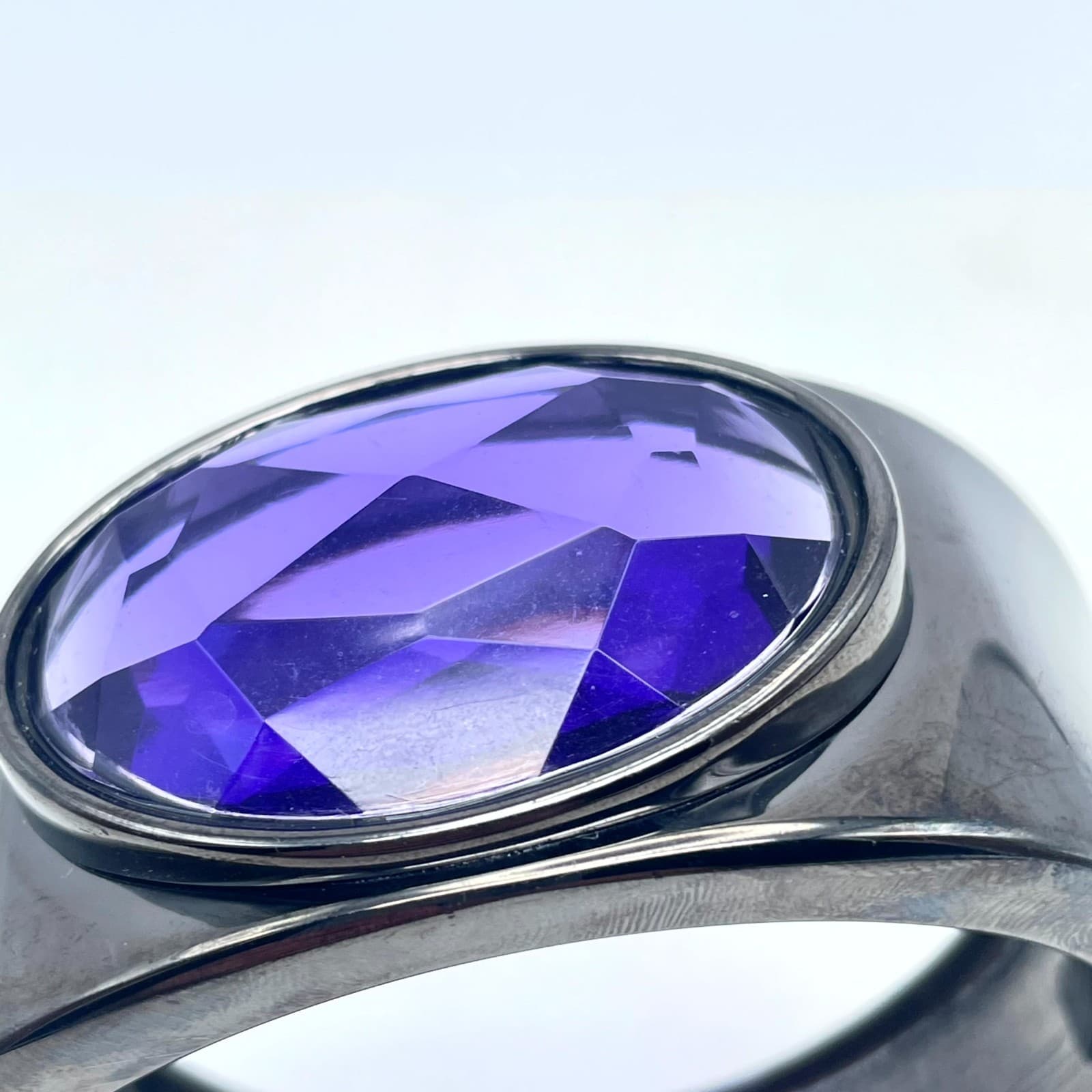 Fashion Gunmetal-Tone Purple Bezel Faceted Glass Beads Hinged Cuff Bracelet - Thumbnail 7