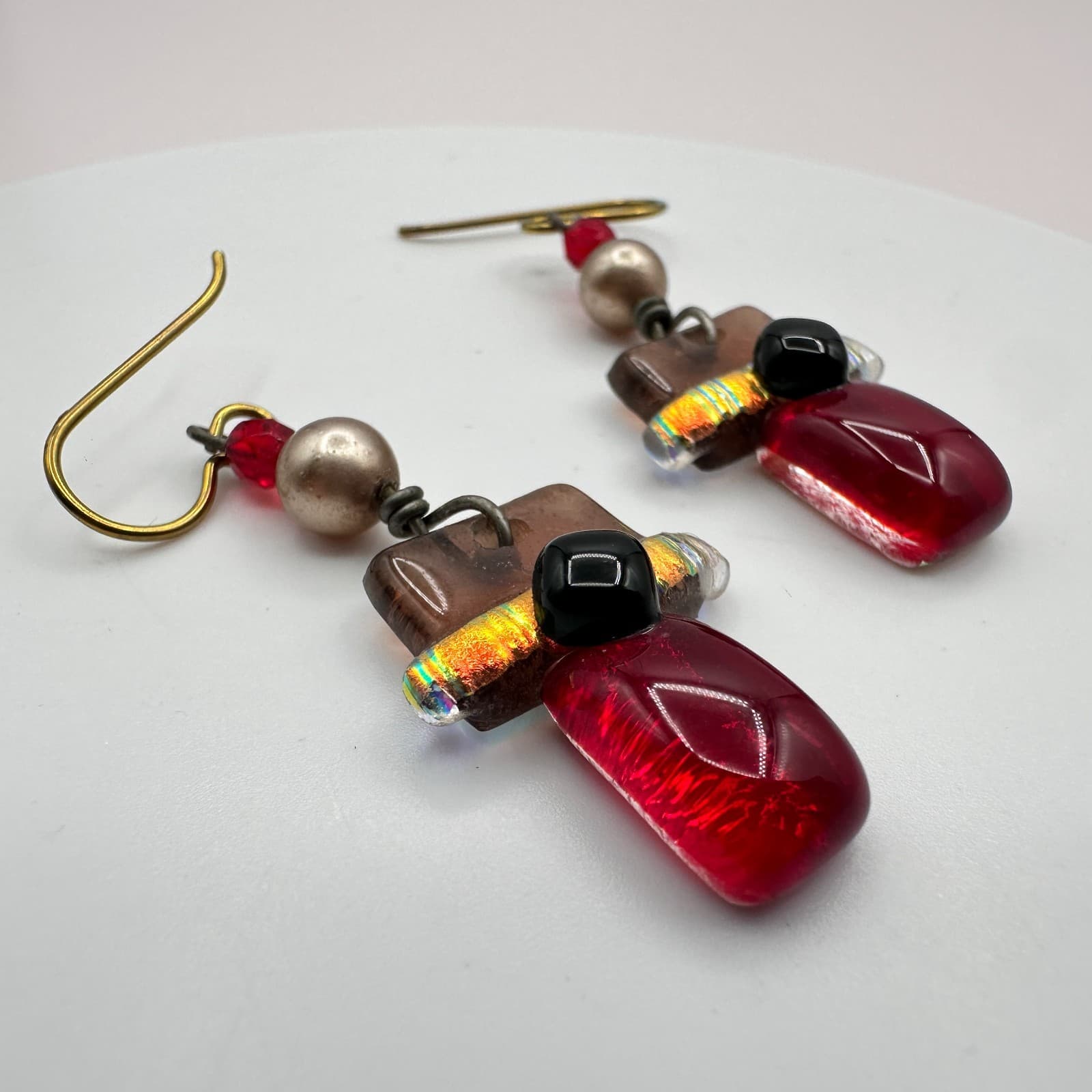 Vintage 90s Fused Dichroic Glass Geometric Drop Dangle Earrings Artisan Jewelry - Thumbnail 4