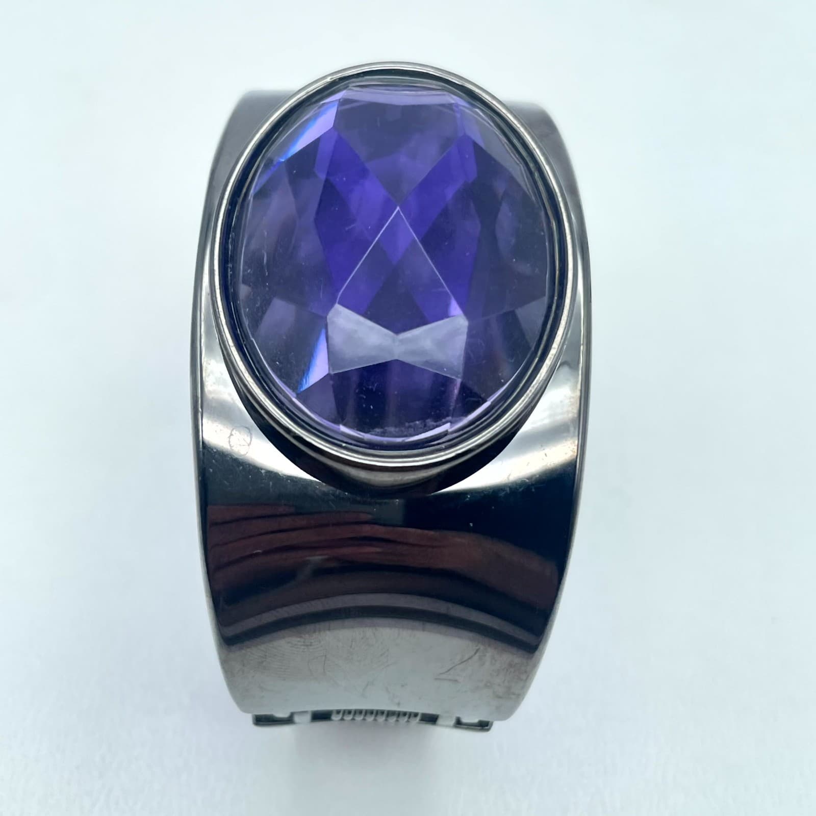 Fashion Gunmetal-Tone Purple Bezel Faceted Glass Beads Hinged Cuff Bracelet - Thumbnail 3