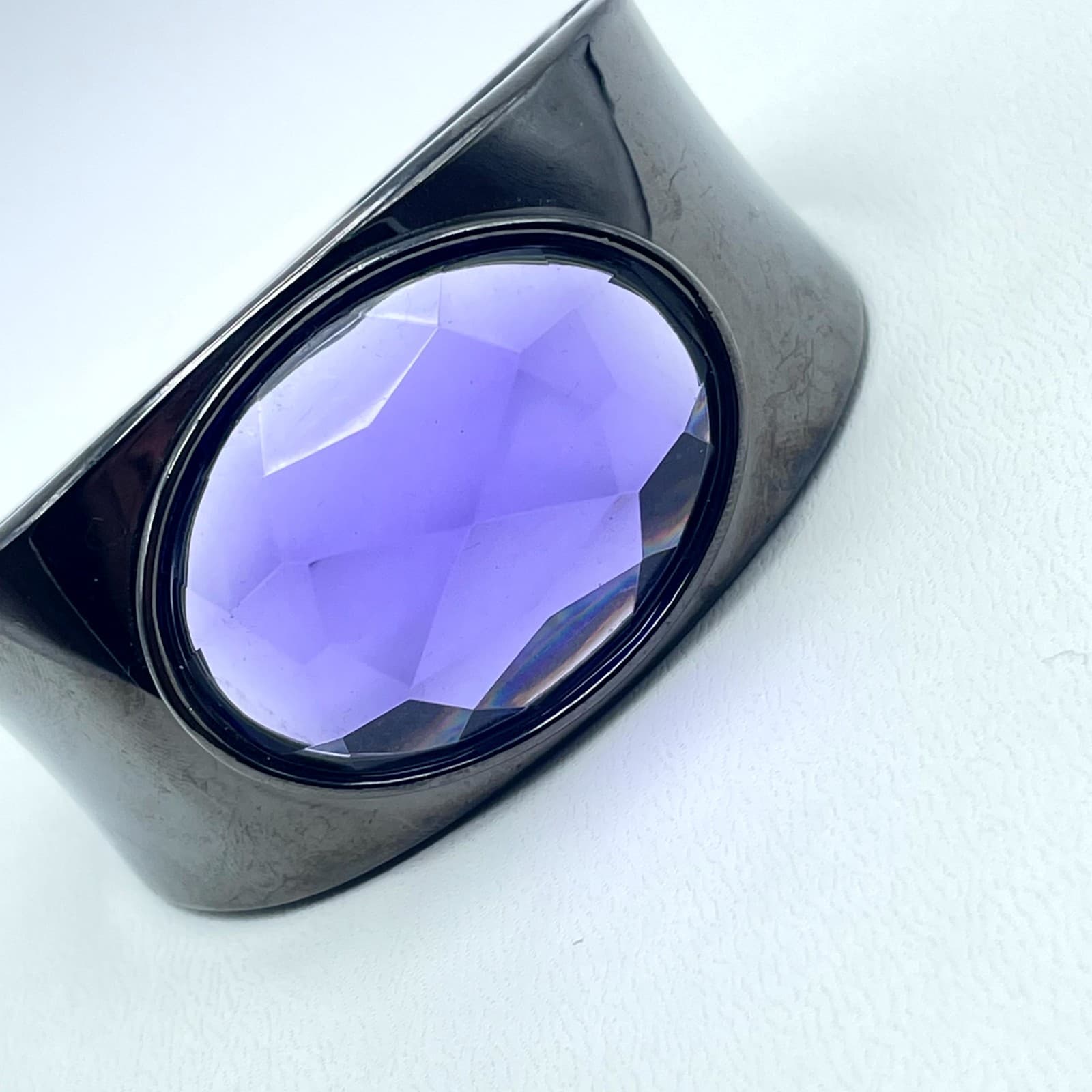 Fashion Gunmetal-Tone Purple Bezel Faceted Glass Beads Hinged Cuff Bracelet - Thumbnail 9