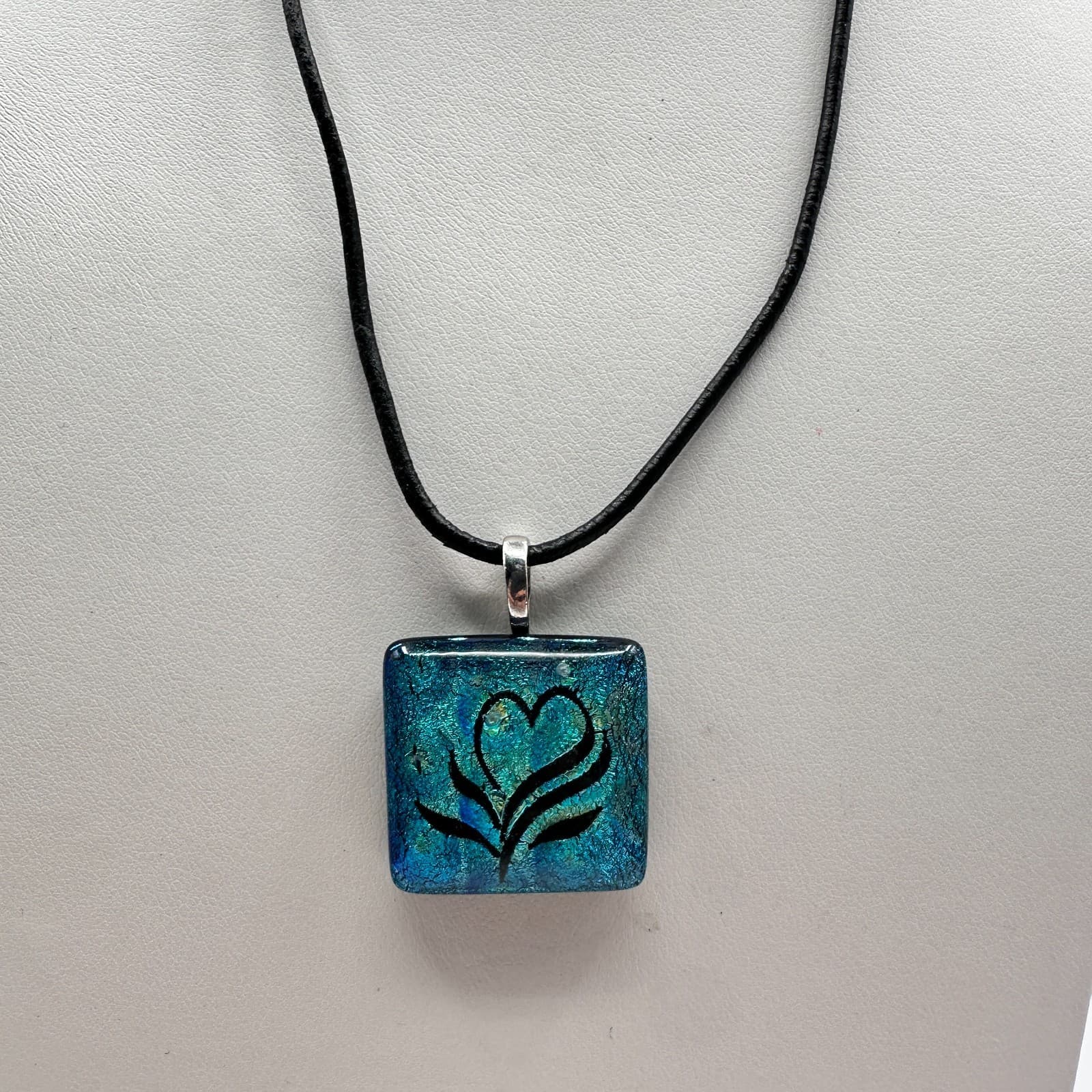 Vintage 90s Blue Dichroic Glass Heart Square Pendant Necklace Black Cord Jewelry - Thumbnail 2