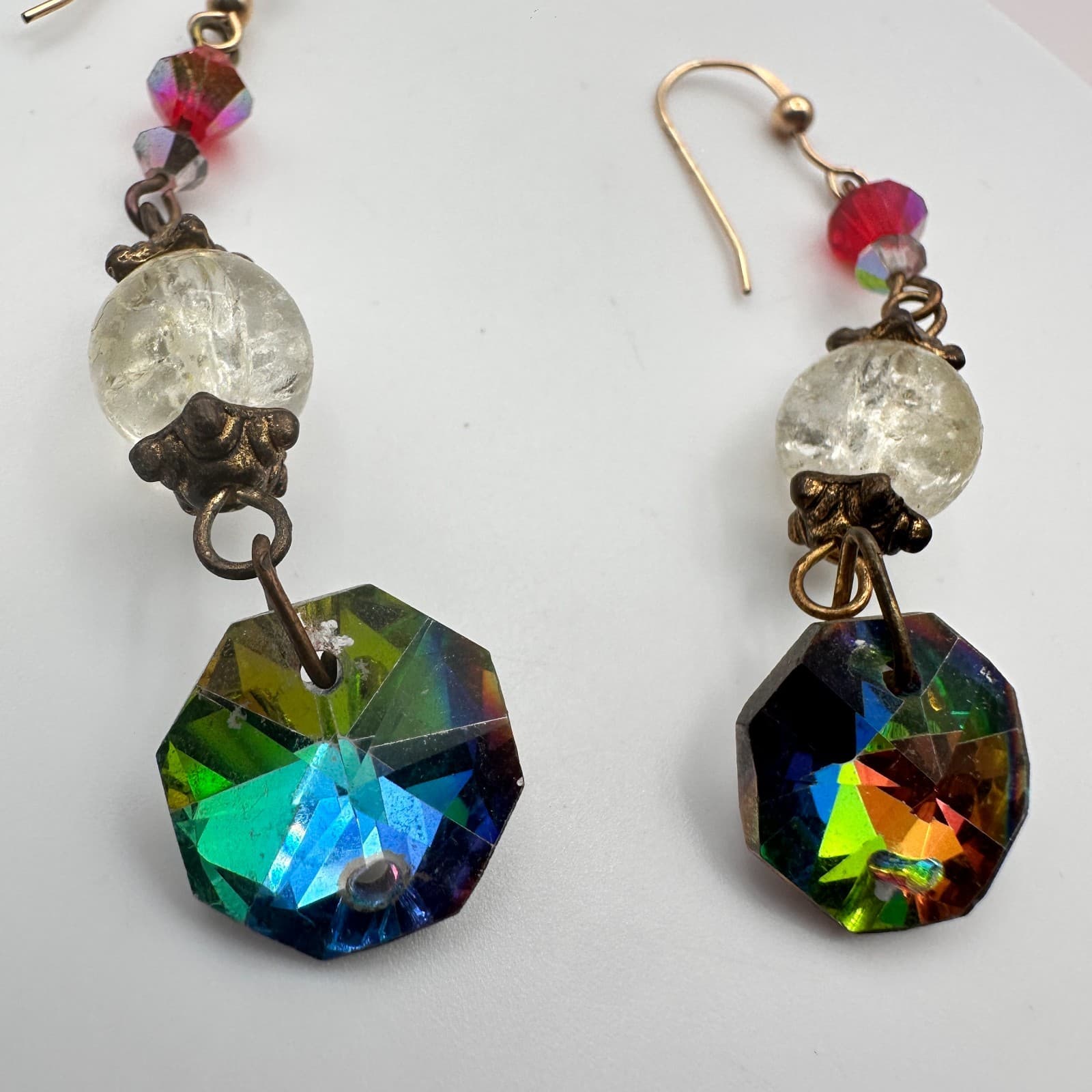 Vintage 80s Crystal AB Aurora Borealis Gold Tone Dangle Drop Earrings Jewelry - Thumbnail 3