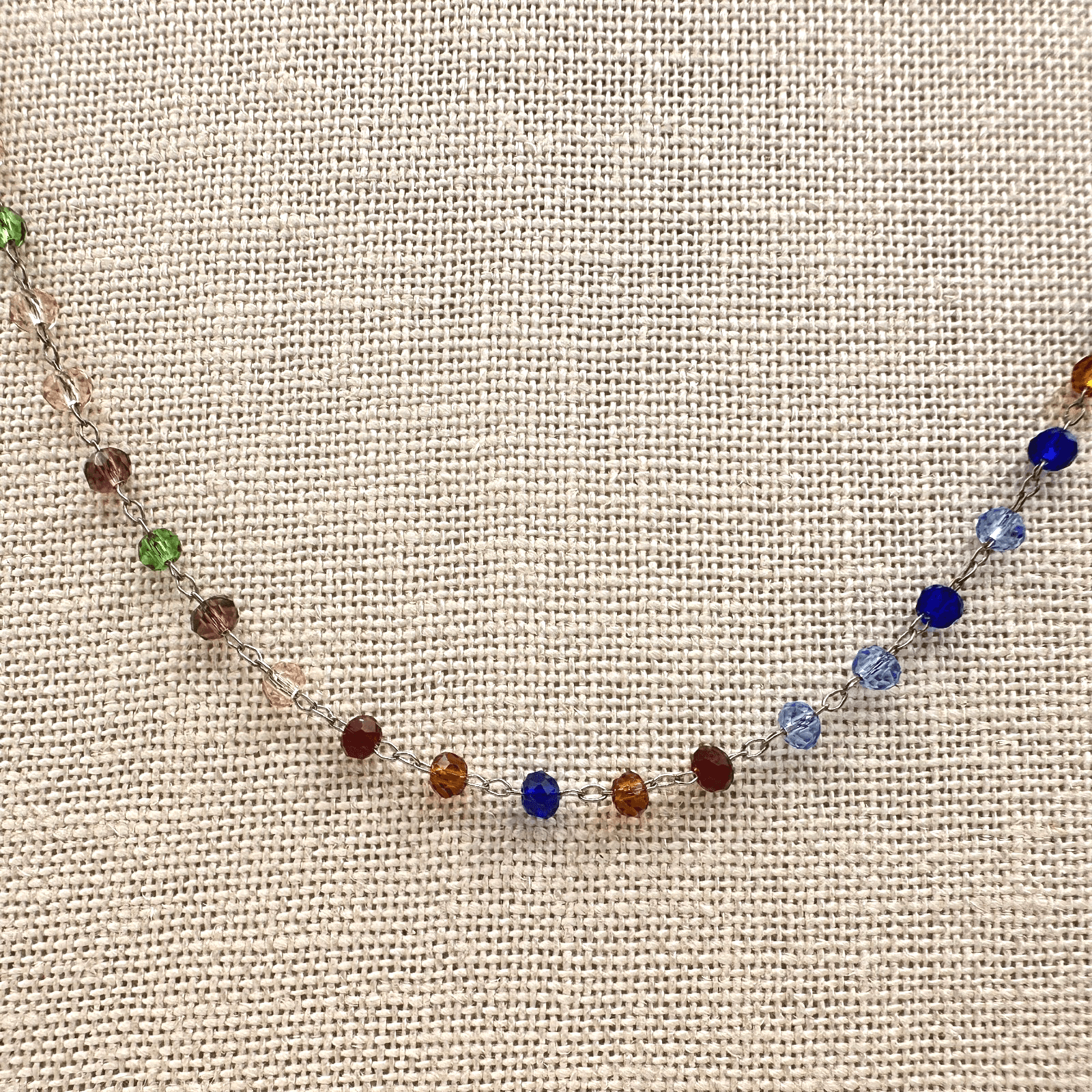 Vintage 80s Rainbow Crystal Bead Necklace Chakra Glass Alloy Cable Chain Jewelry - Image 1