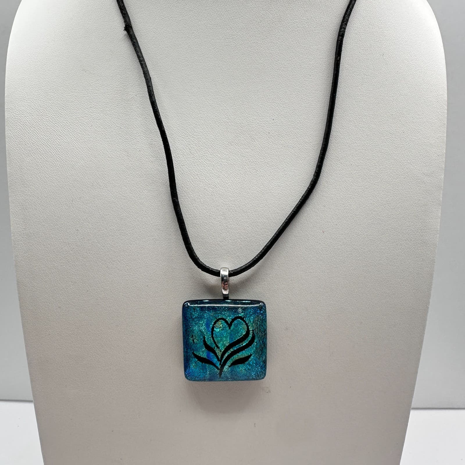 Vintage 90s Blue Dichroic Glass Heart Square Pendant Necklace Black Cord Jewelry - Thumbnail 3