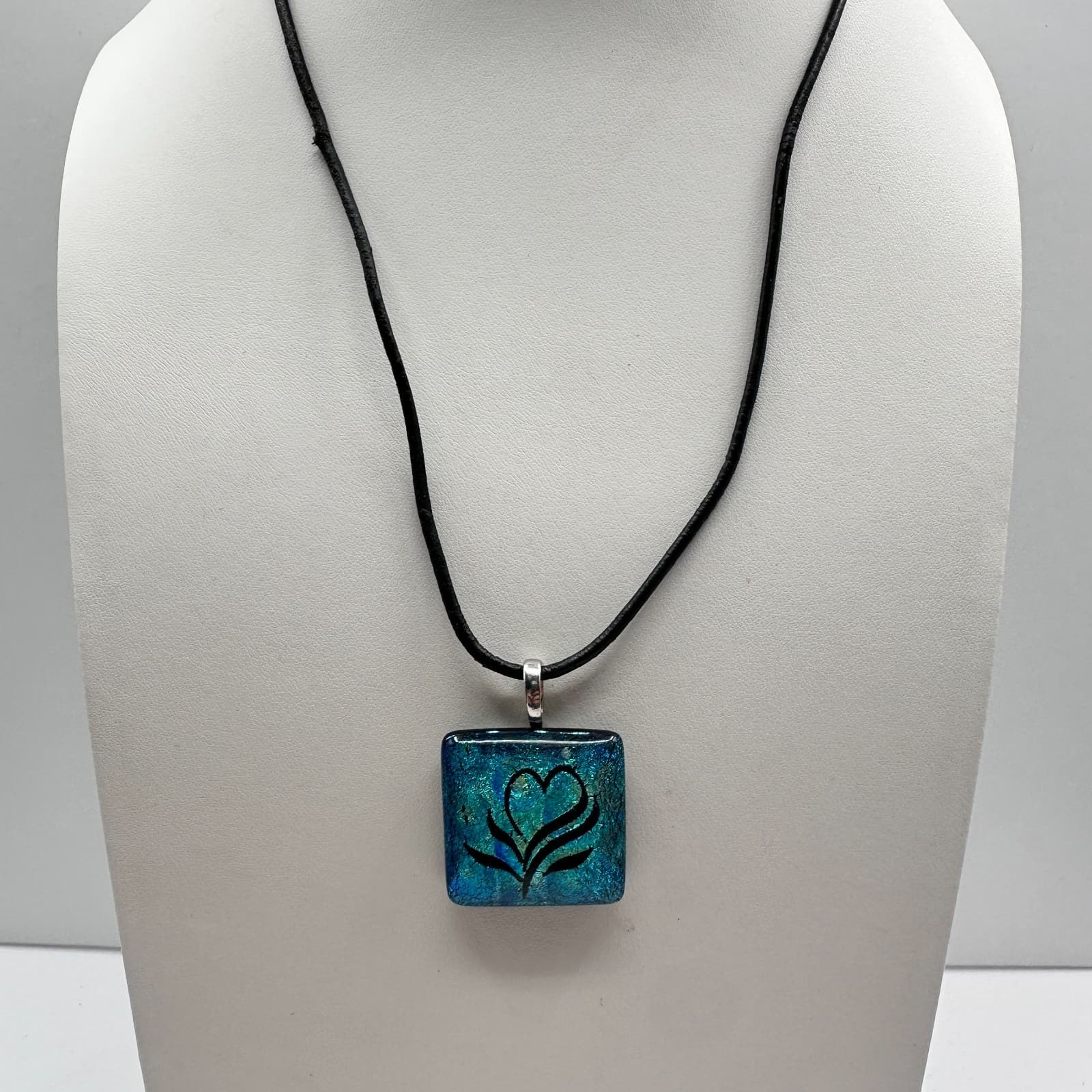 Vintage 90s Blue Dichroic Glass Heart Square Pendant Necklace Black Cord Jewelry - Thumbnail 4
