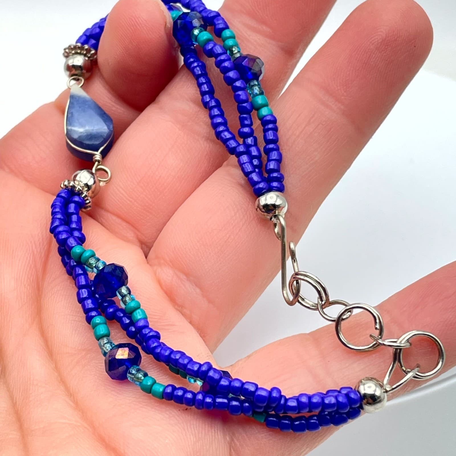 Classic Blue Aqua Southwestern Faceted Glass Seed Bead Sodalite Layered Bracelet - Thumbnail 7