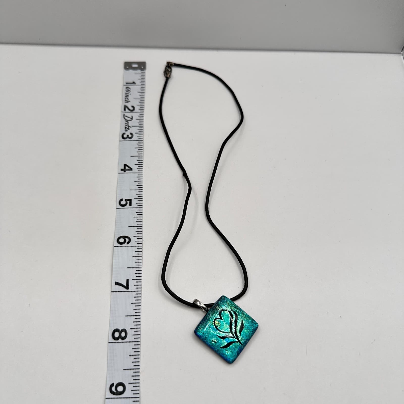 Vintage 90s Blue Dichroic Glass Heart Square Pendant Necklace Black Cord Jewelry - Thumbnail 7