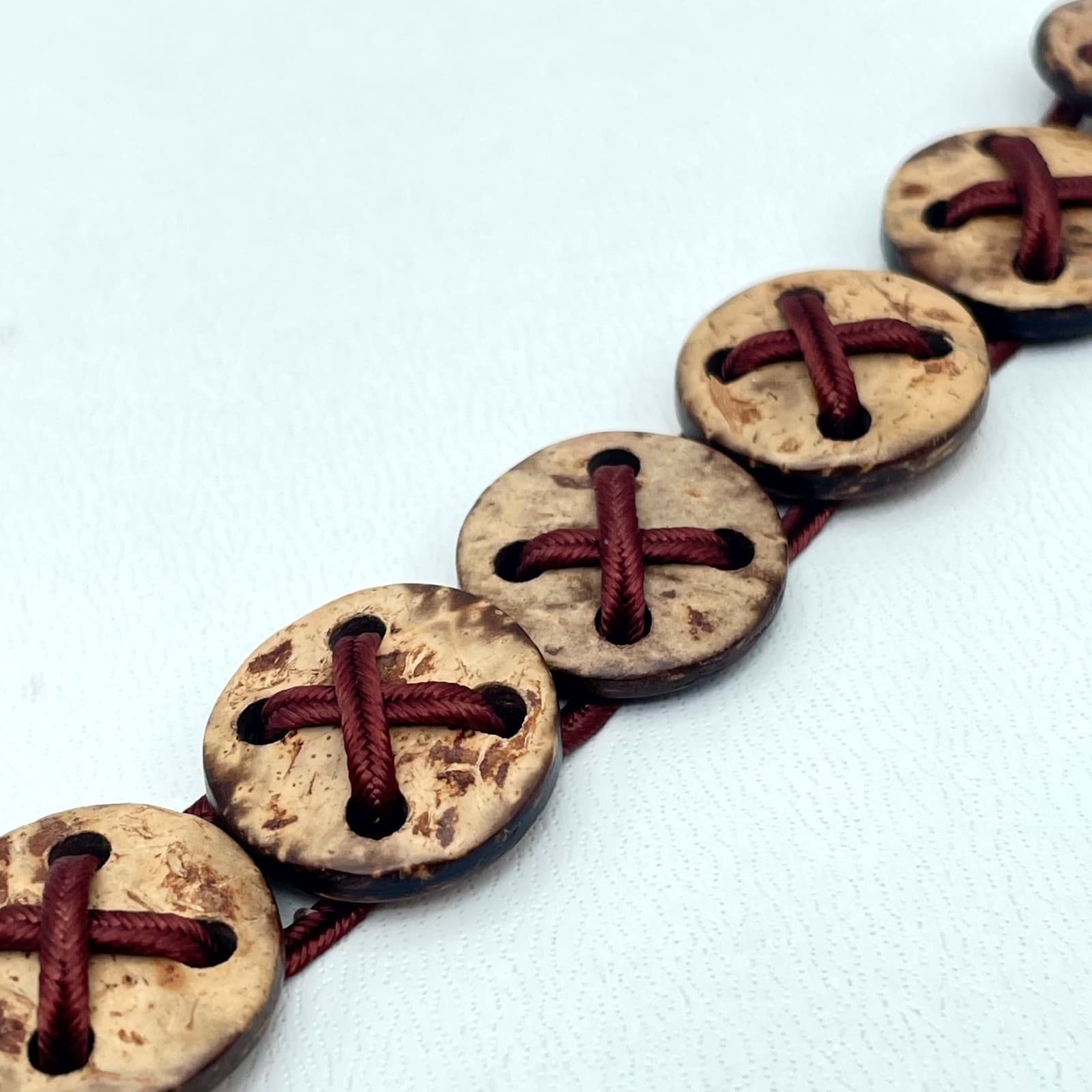 Folk Art Beige Red Artisanal Waxed Cord Wooden Button Beads Stretch Bracelet - Thumbnail 7