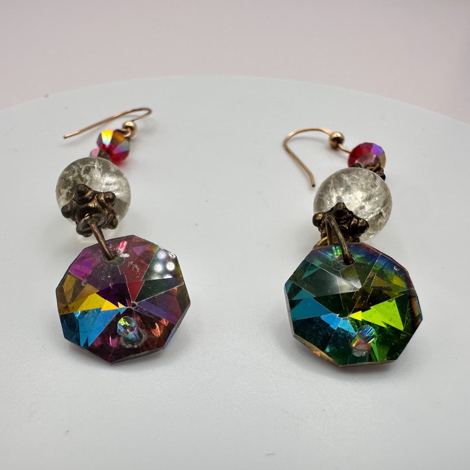 Vintage 80s Crystal AB Aurora Borealis Gold Tone Dangle Drop Earrings Jewelry - Thumbnail 5