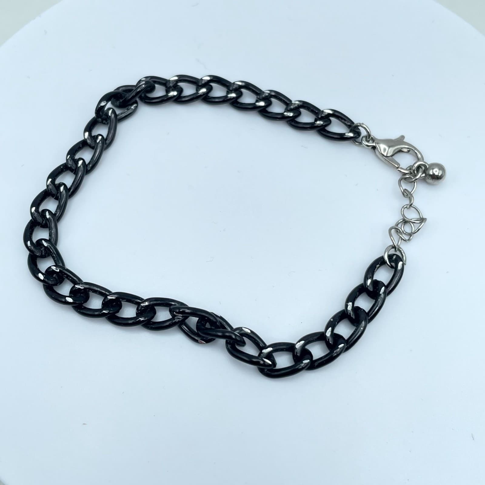 Classic Adjustable Black Coated Silver-Tone Curb Link Chain Lobster Bracelet - Image 1