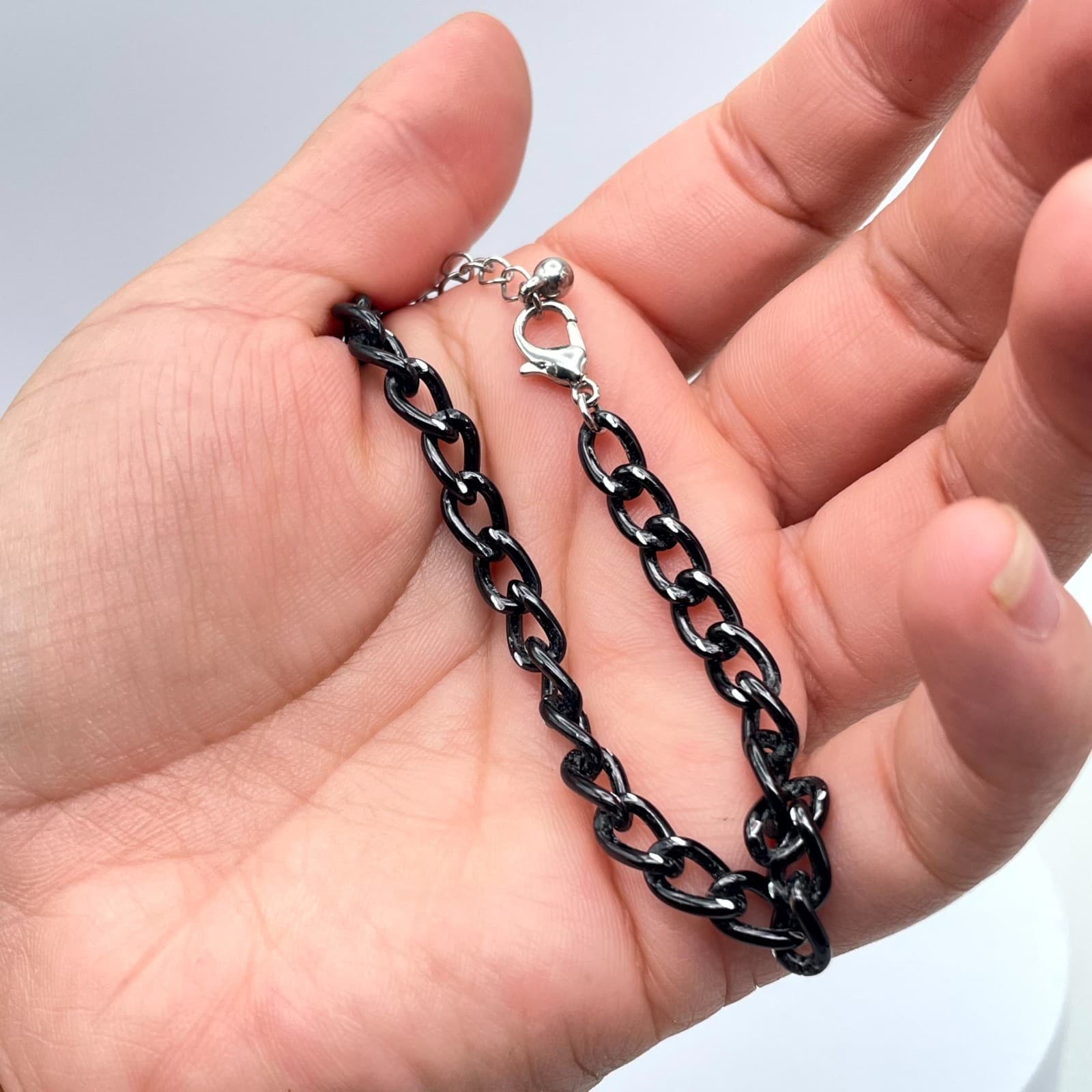 Classic Adjustable Black Coated Silver-Tone Curb Link Chain Lobster Bracelet - Thumbnail 10