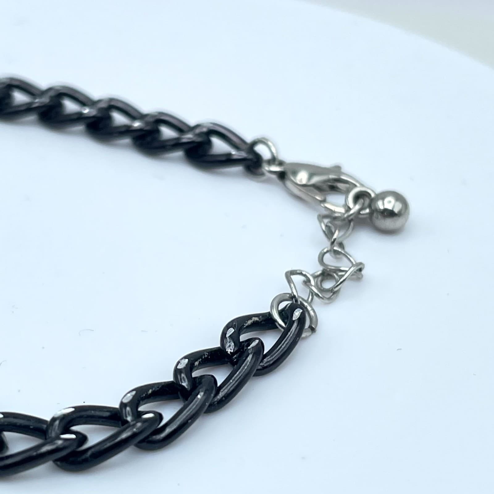 Classic Adjustable Black Coated Silver-Tone Curb Link Chain Lobster Bracelet - Thumbnail 4