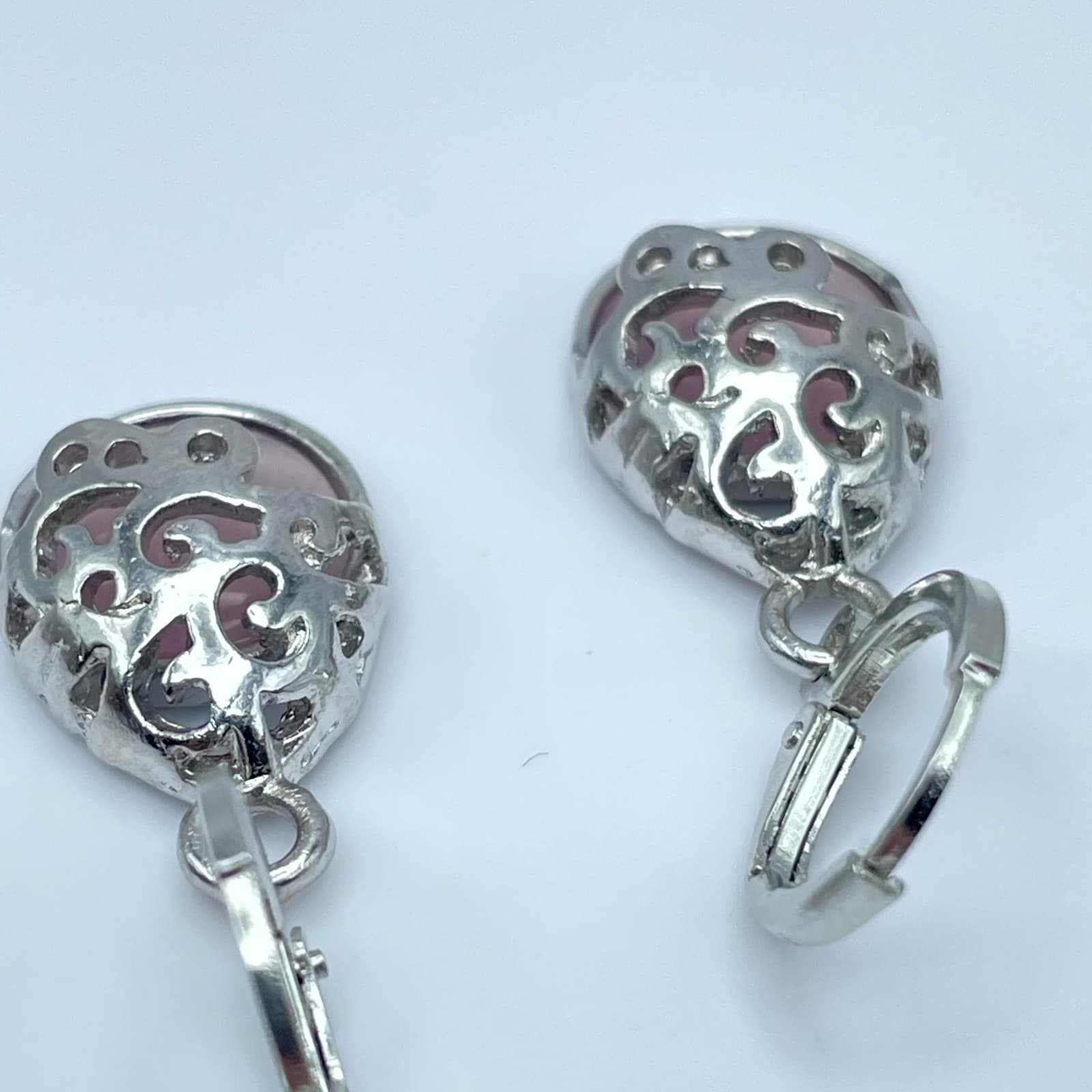 Vintage Purple Cat’s Silver Tone Filigree Leverback Dangle Eye Teardrop Earrings - Thumbnail 7