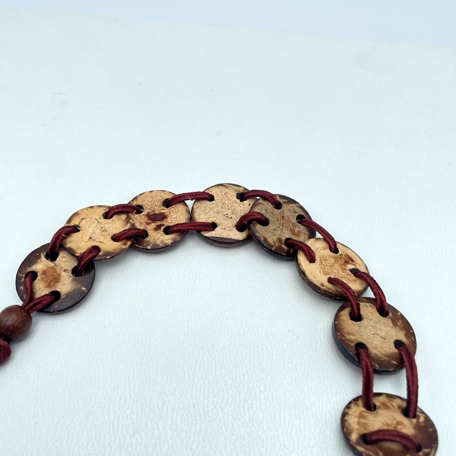 Folk Art Beige Red Artisanal Waxed Cord Wooden Button Beads Stretch Bracelet - Thumbnail 3
