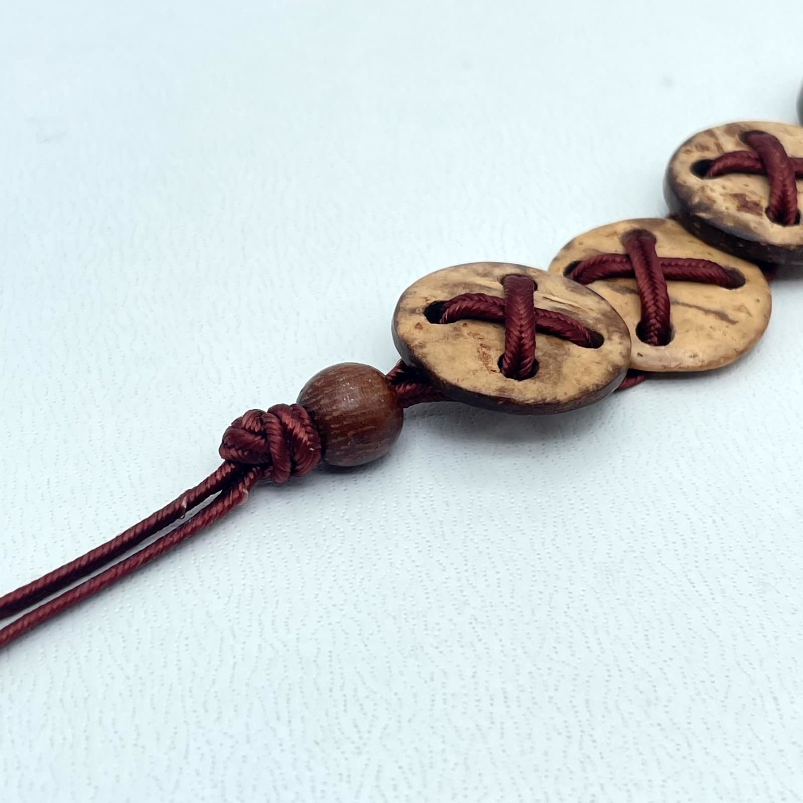 Folk Art Beige Red Artisanal Waxed Cord Wooden Button Beads Stretch Bracelet - Thumbnail 9