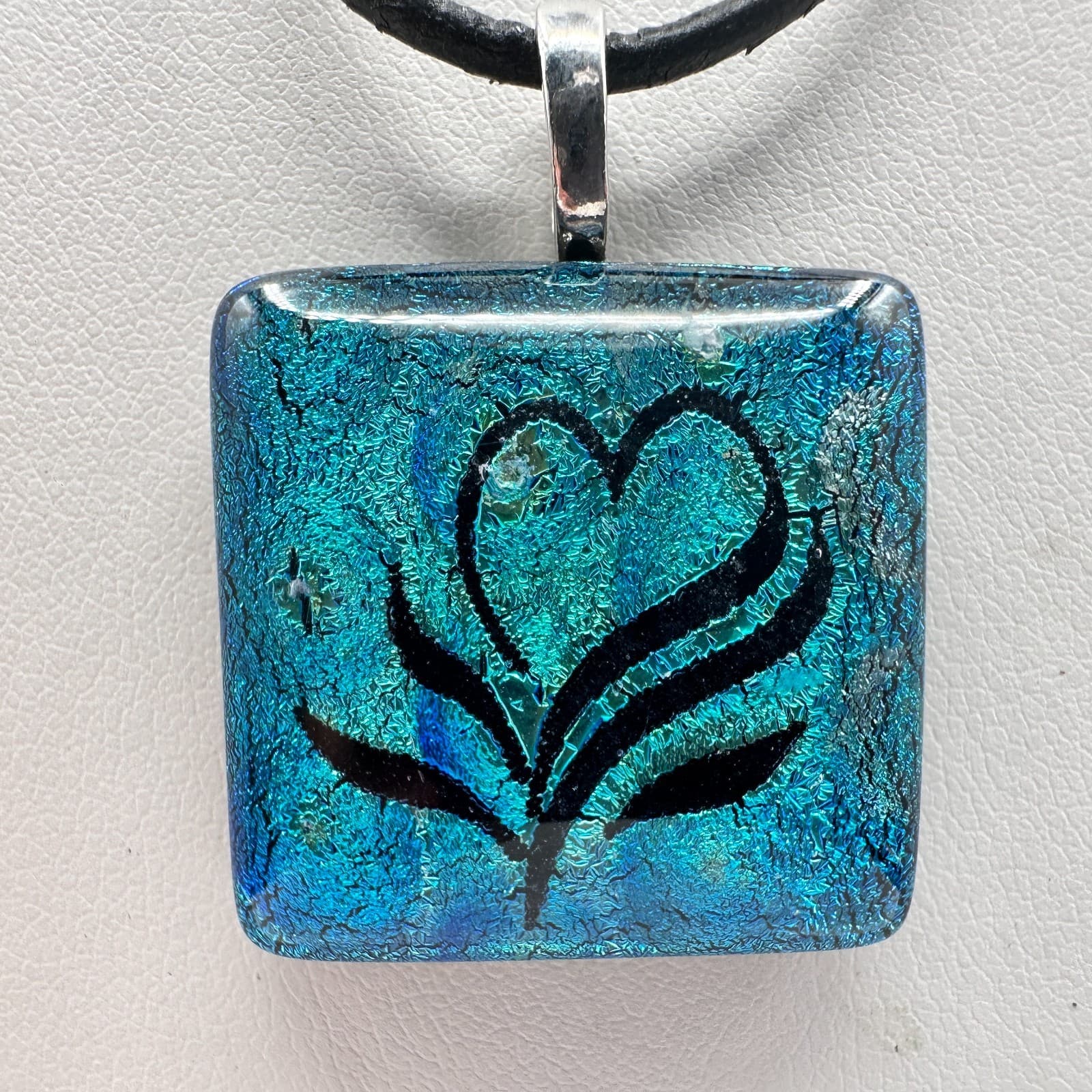 Vintage 90s Blue Dichroic Glass Heart Square Pendant Necklace Black Cord Jewelry - Thumbnail 5