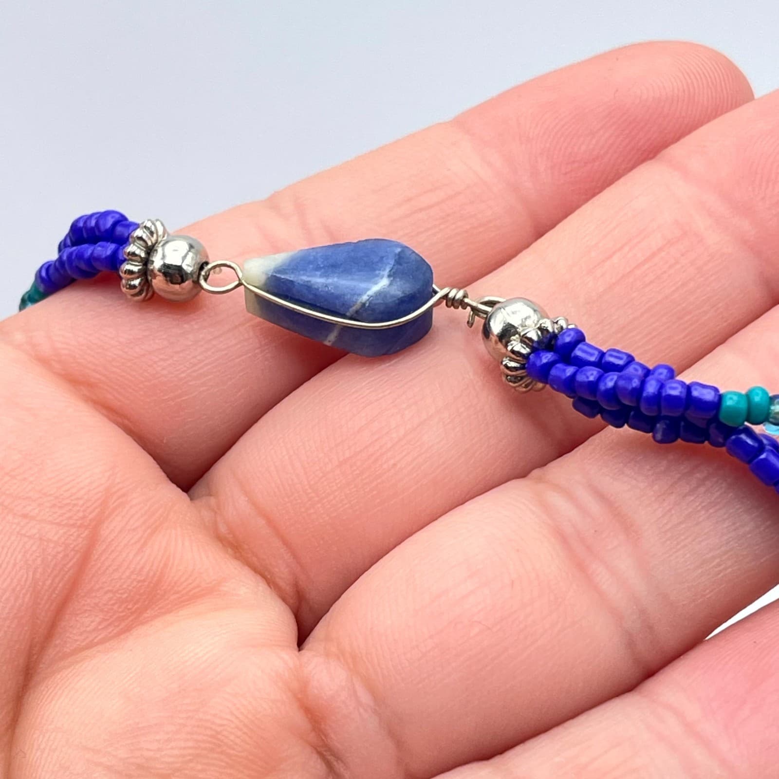 Classic Blue Aqua Southwestern Faceted Glass Seed Bead Sodalite Layered Bracelet - Thumbnail 9