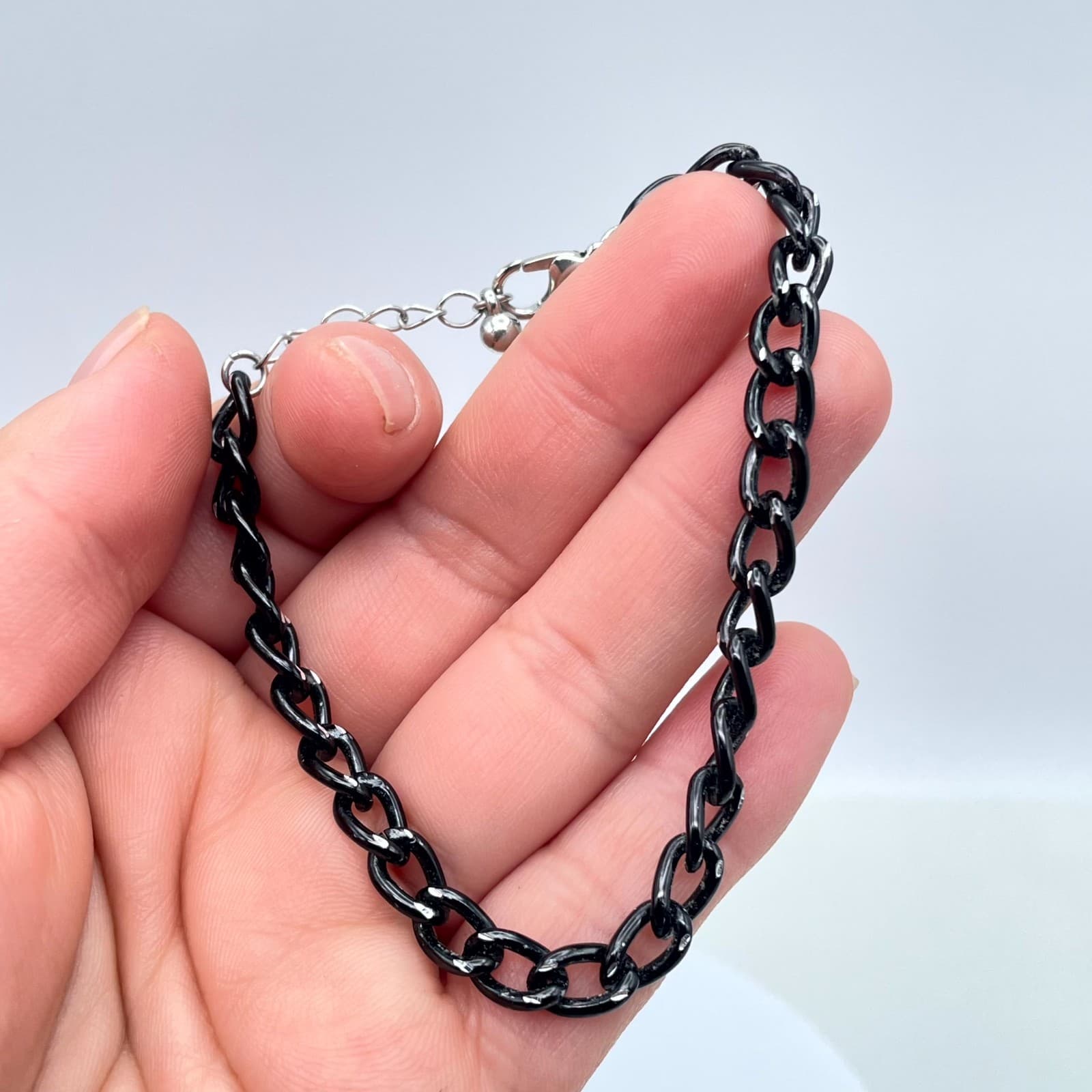 Classic Adjustable Black Coated Silver-Tone Curb Link Chain Lobster Bracelet - Thumbnail 6