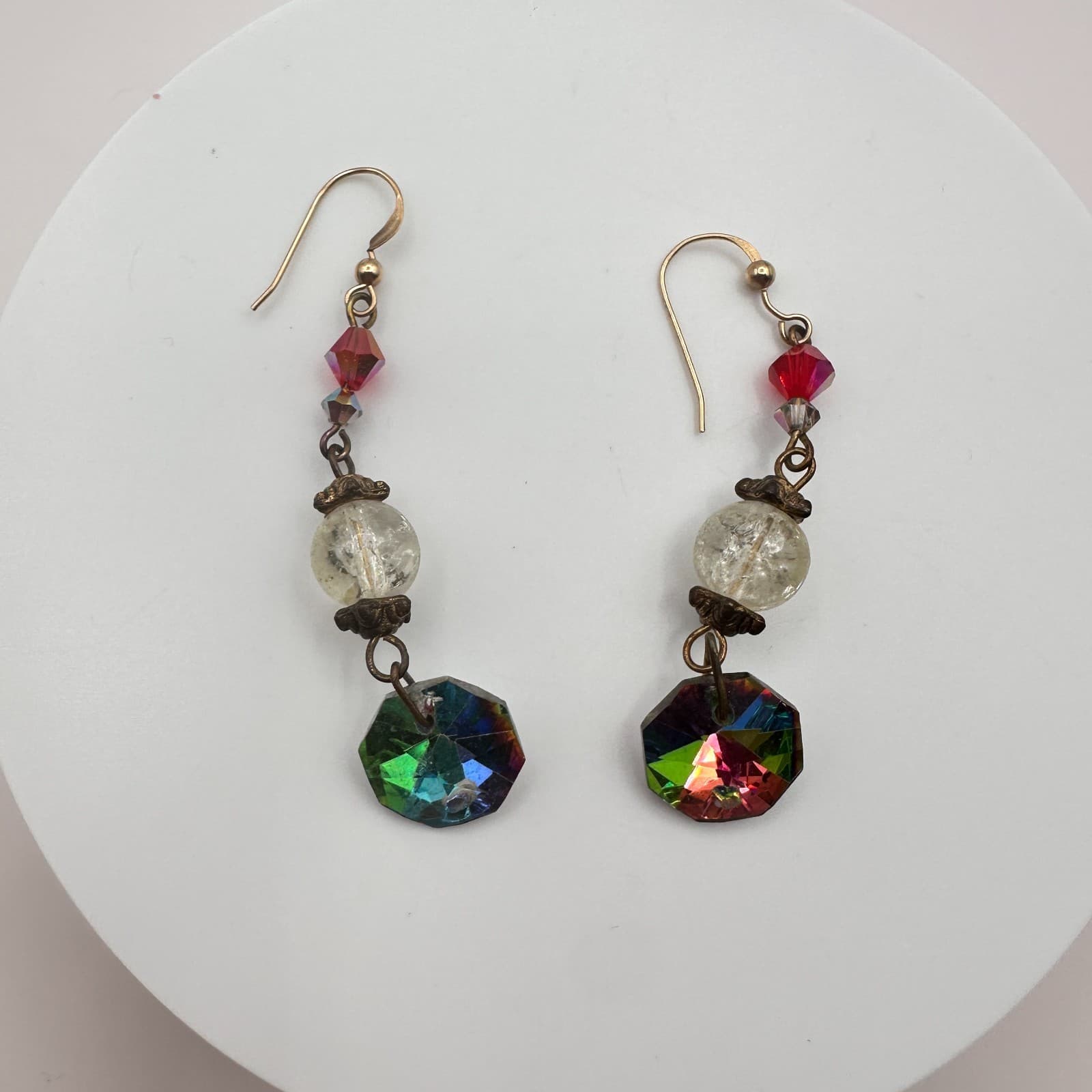 Vintage 80s Crystal AB Aurora Borealis Gold Tone Dangle Drop Earrings Jewelry - Image 1