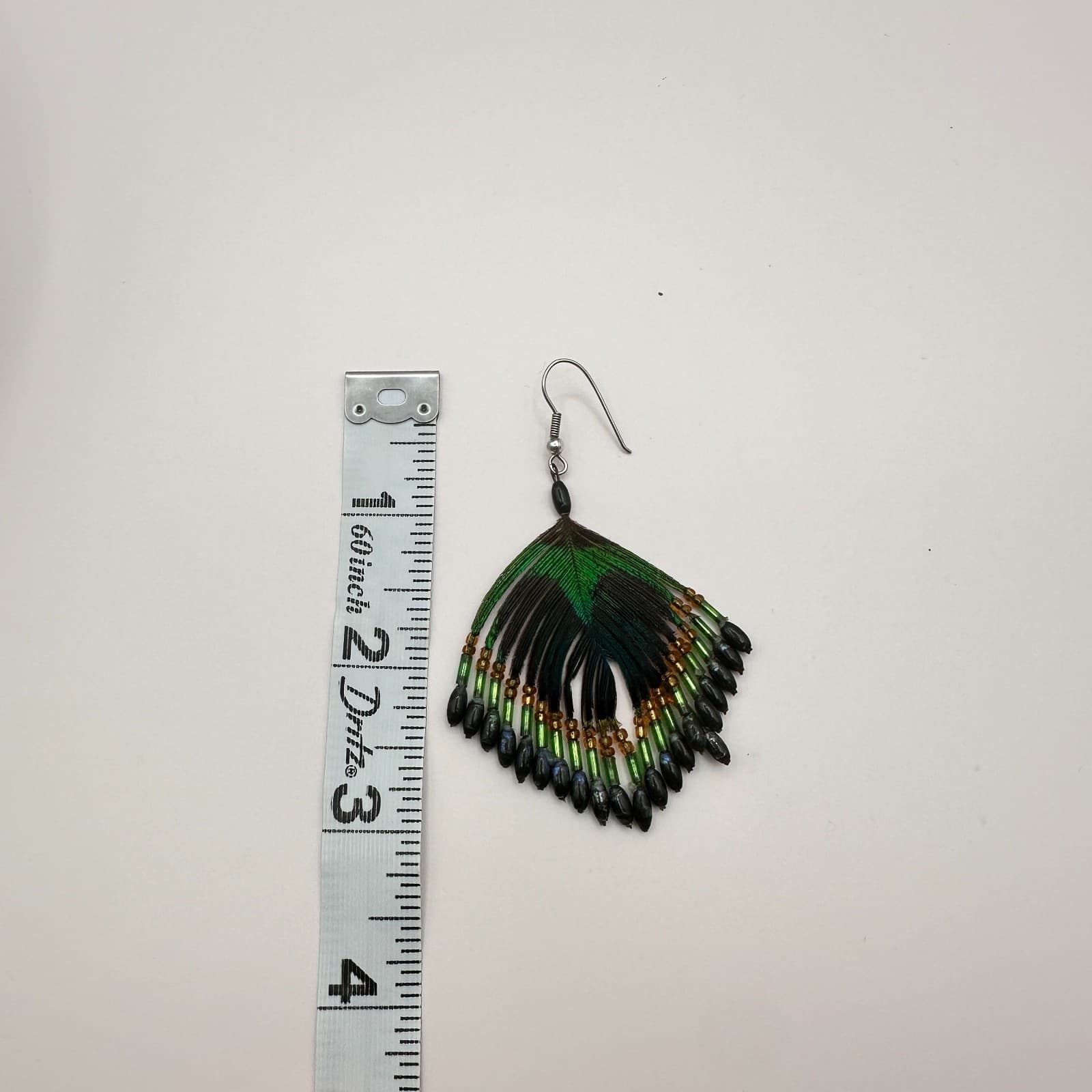 Vintage 80s Boho Peacock Feather Green Black Beaded Dangle Hook Earrings Jewelry - Thumbnail 7