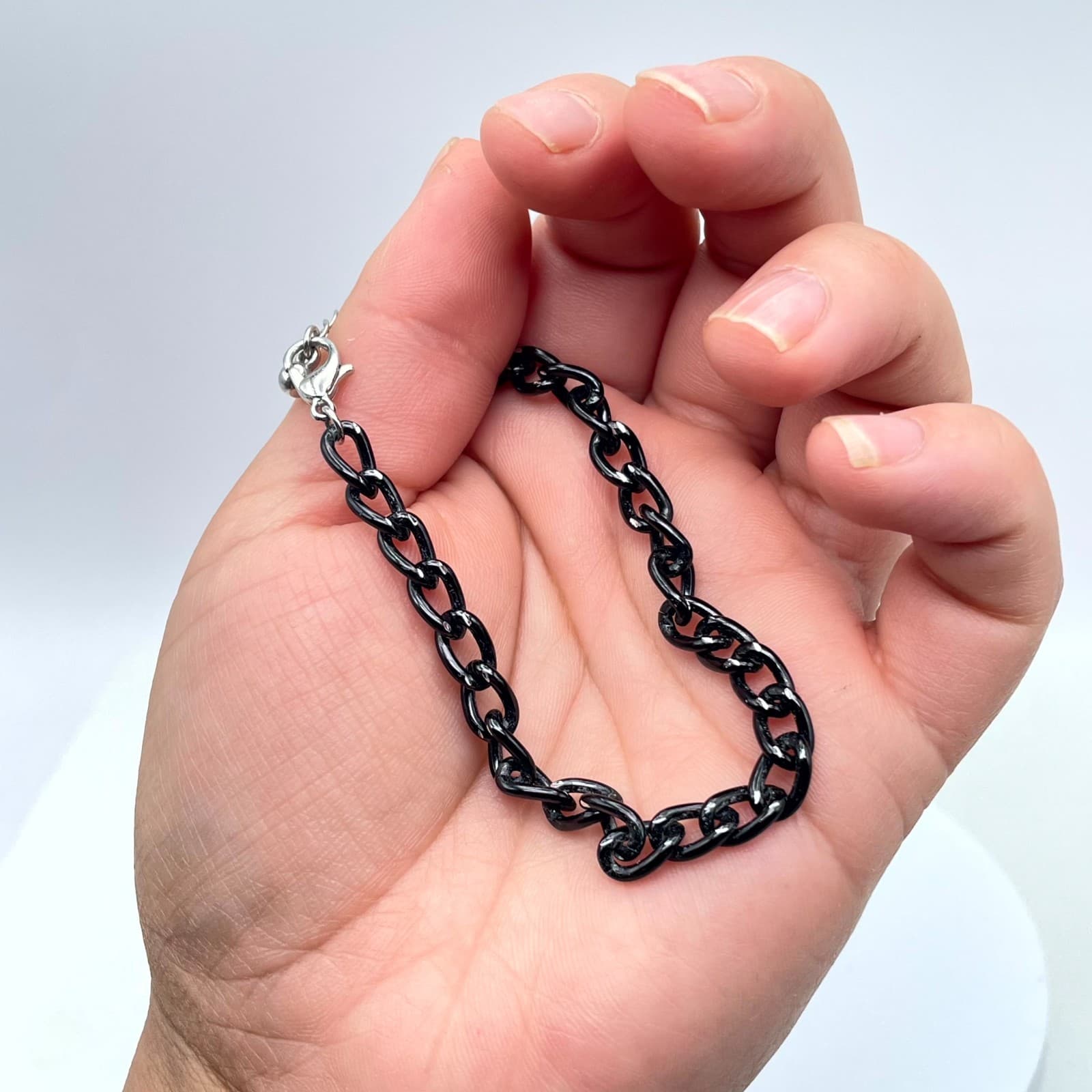Classic Adjustable Black Coated Silver-Tone Curb Link Chain Lobster Bracelet - Thumbnail 7