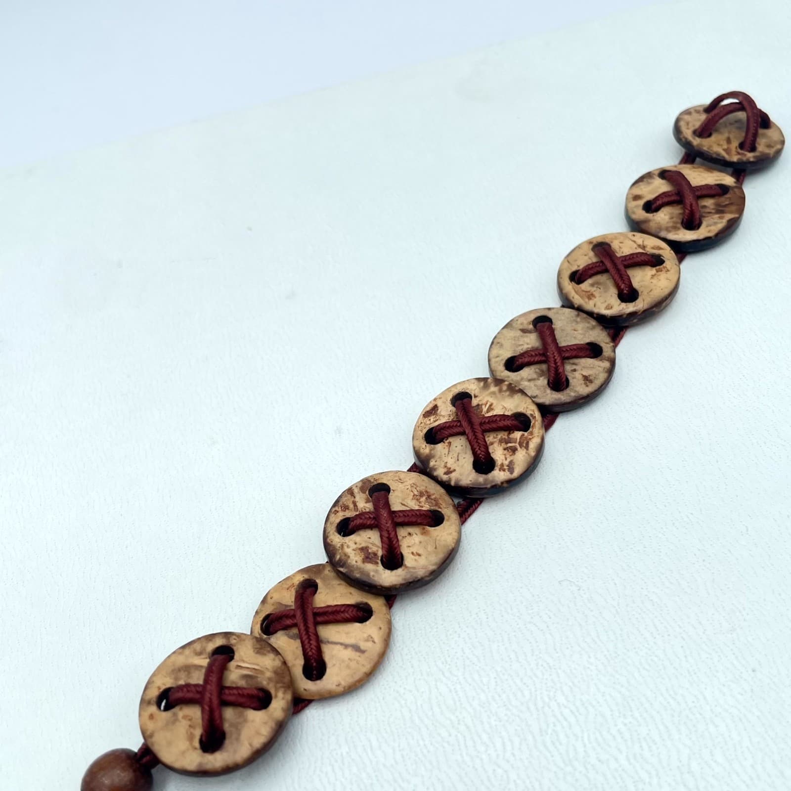 Folk Art Beige Red Artisanal Waxed Cord Wooden Button Beads Stretch Bracelet - Thumbnail 5