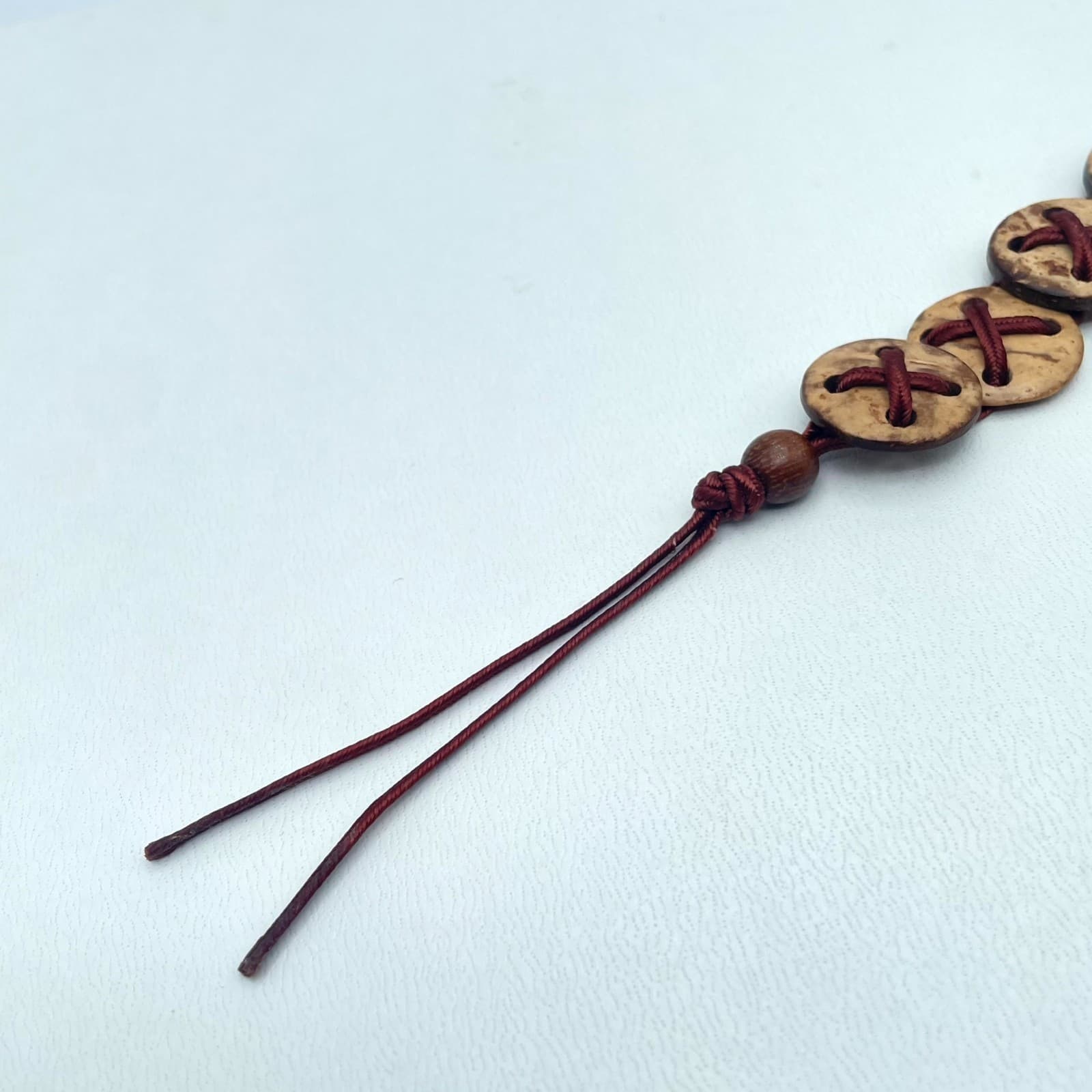 Folk Art Beige Red Artisanal Waxed Cord Wooden Button Beads Stretch Bracelet - Thumbnail 6