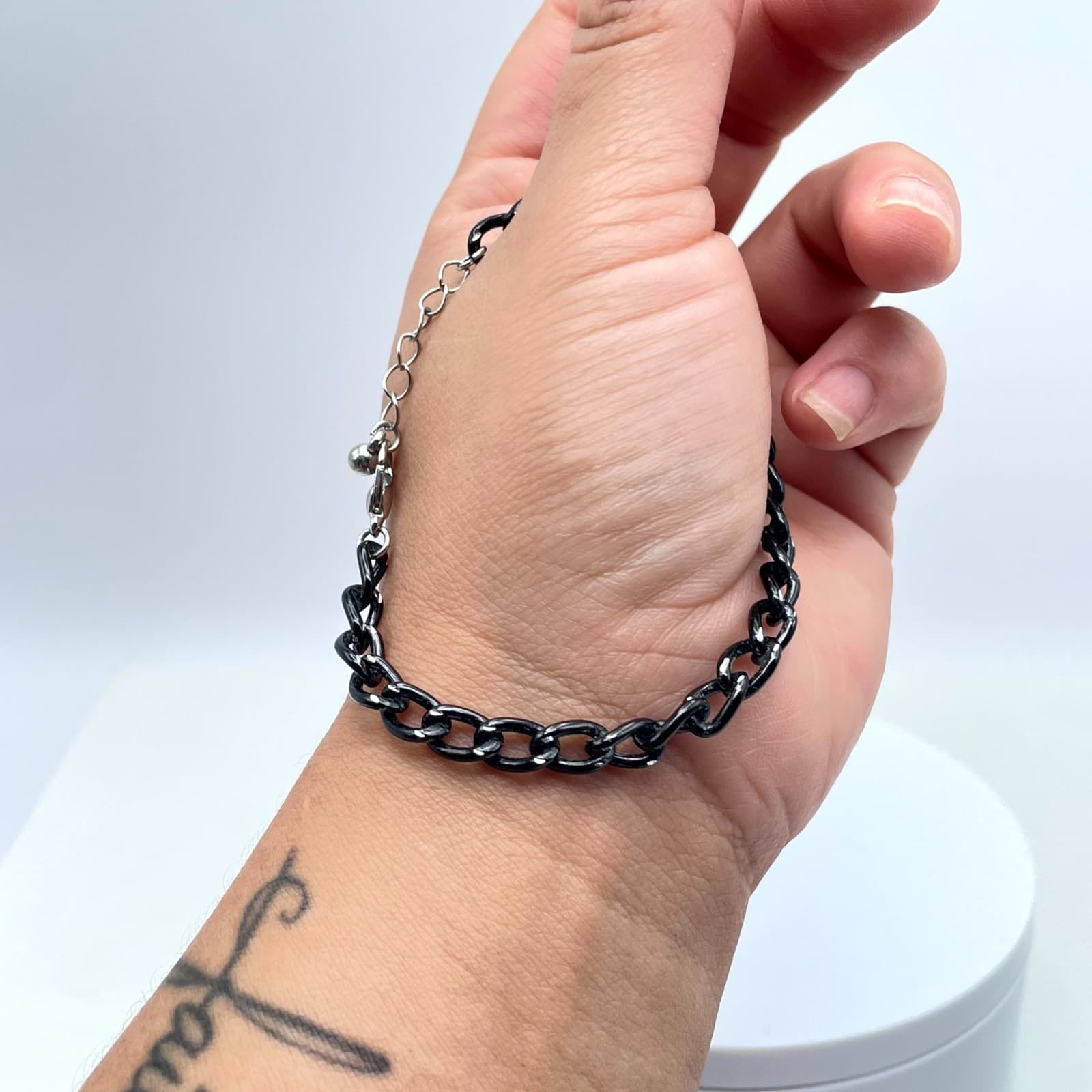 Classic Adjustable Black Coated Silver-Tone Curb Link Chain Lobster Bracelet - Thumbnail 8