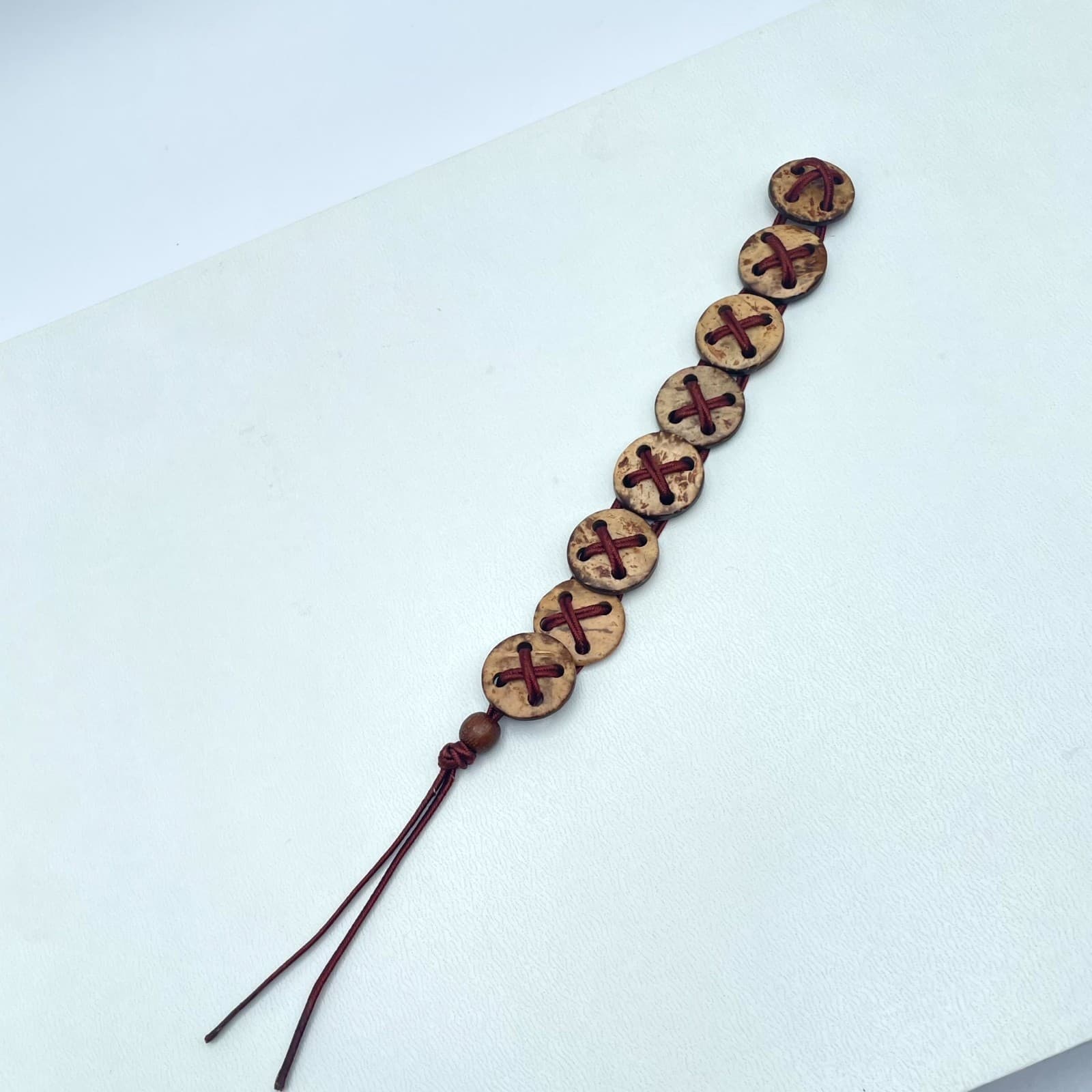 Folk Art Beige Red Artisanal Waxed Cord Wooden Button Beads Stretch Bracelet - Thumbnail 4