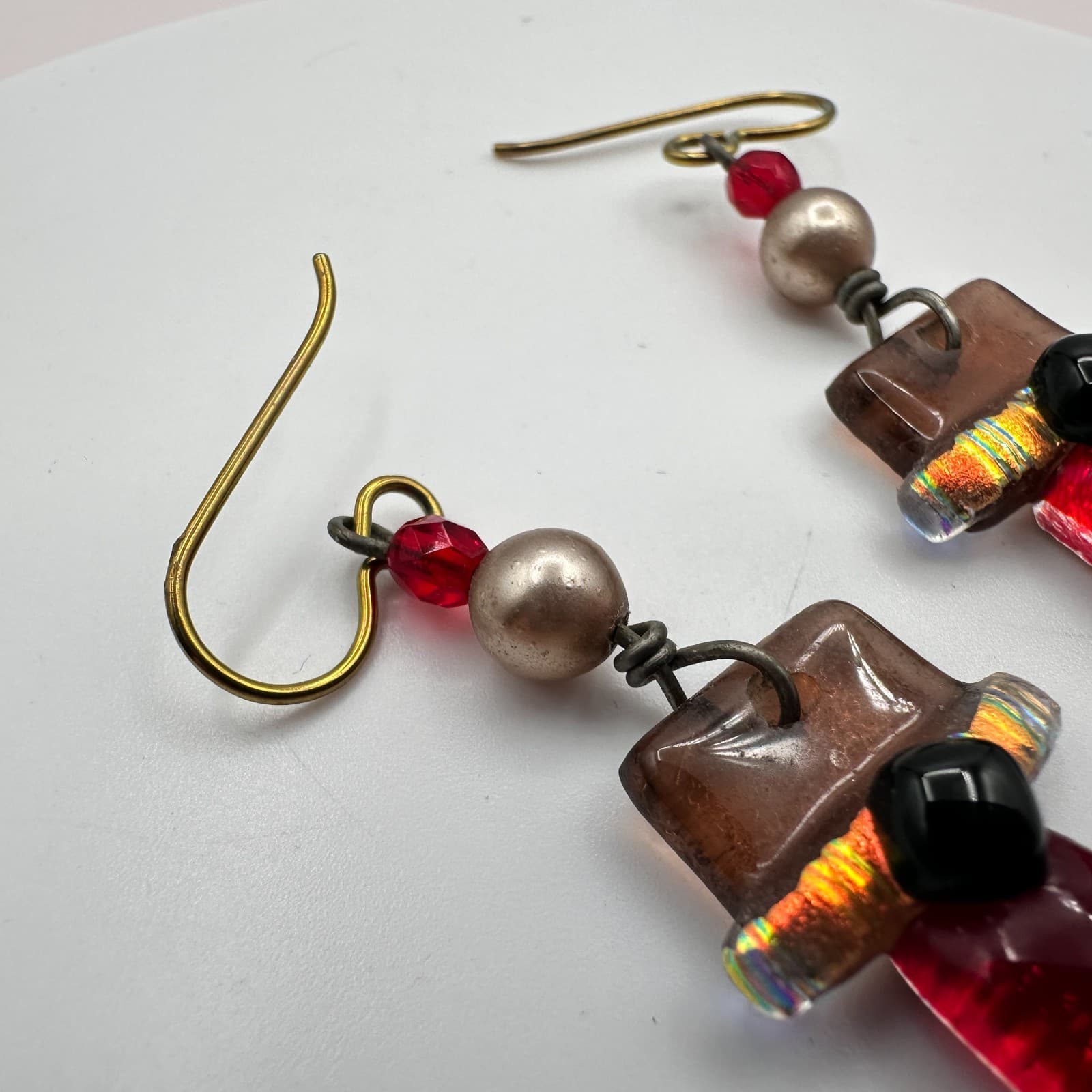 Vintage 90s Fused Dichroic Glass Geometric Drop Dangle Earrings Artisan Jewelry - Thumbnail 6