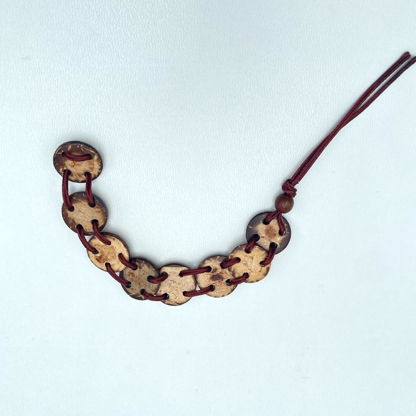 Folk Art Beige Red Artisanal Waxed Cord Wooden Button Beads Stretch Bracelet - Image 1