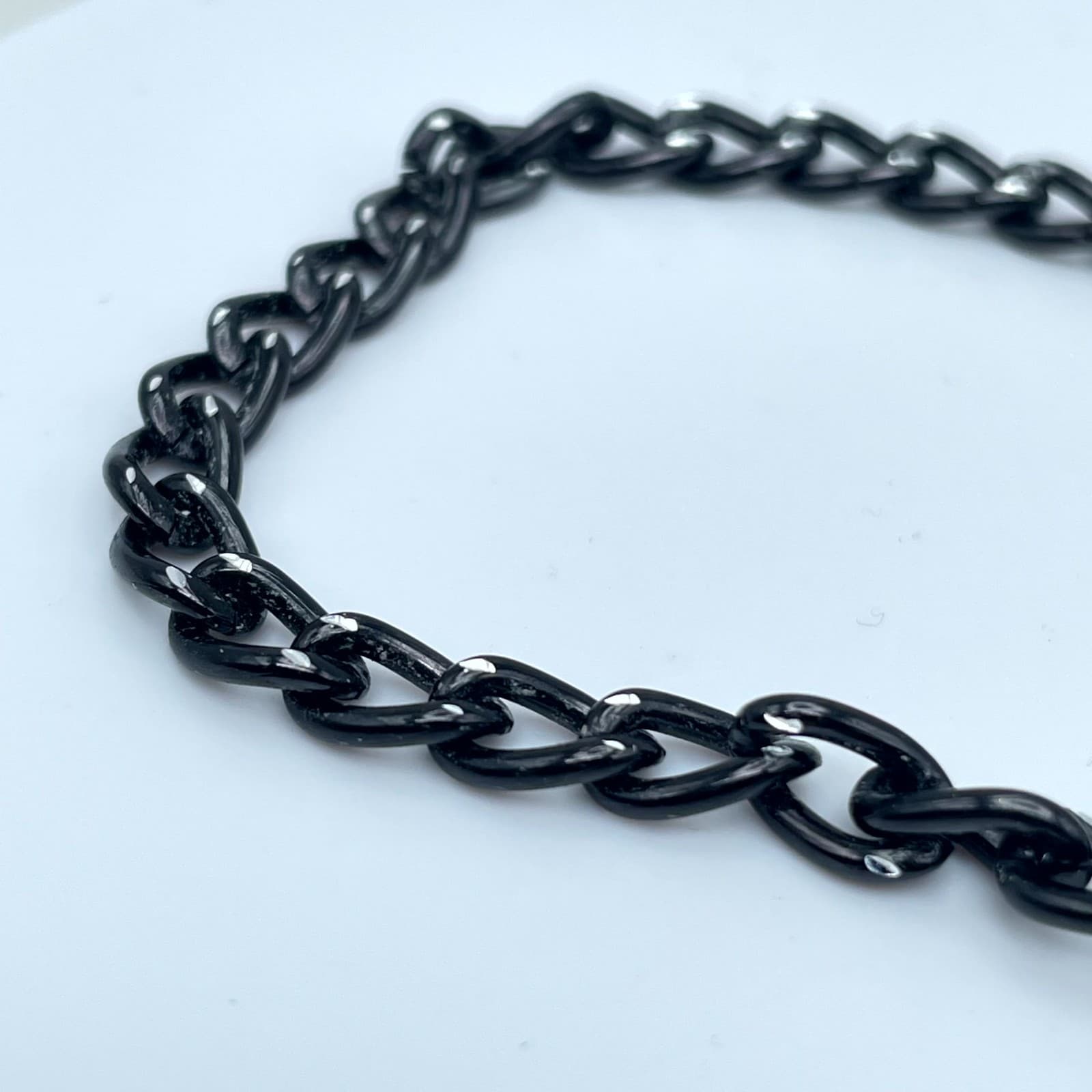 Classic Adjustable Black Coated Silver-Tone Curb Link Chain Lobster Bracelet - Thumbnail 3