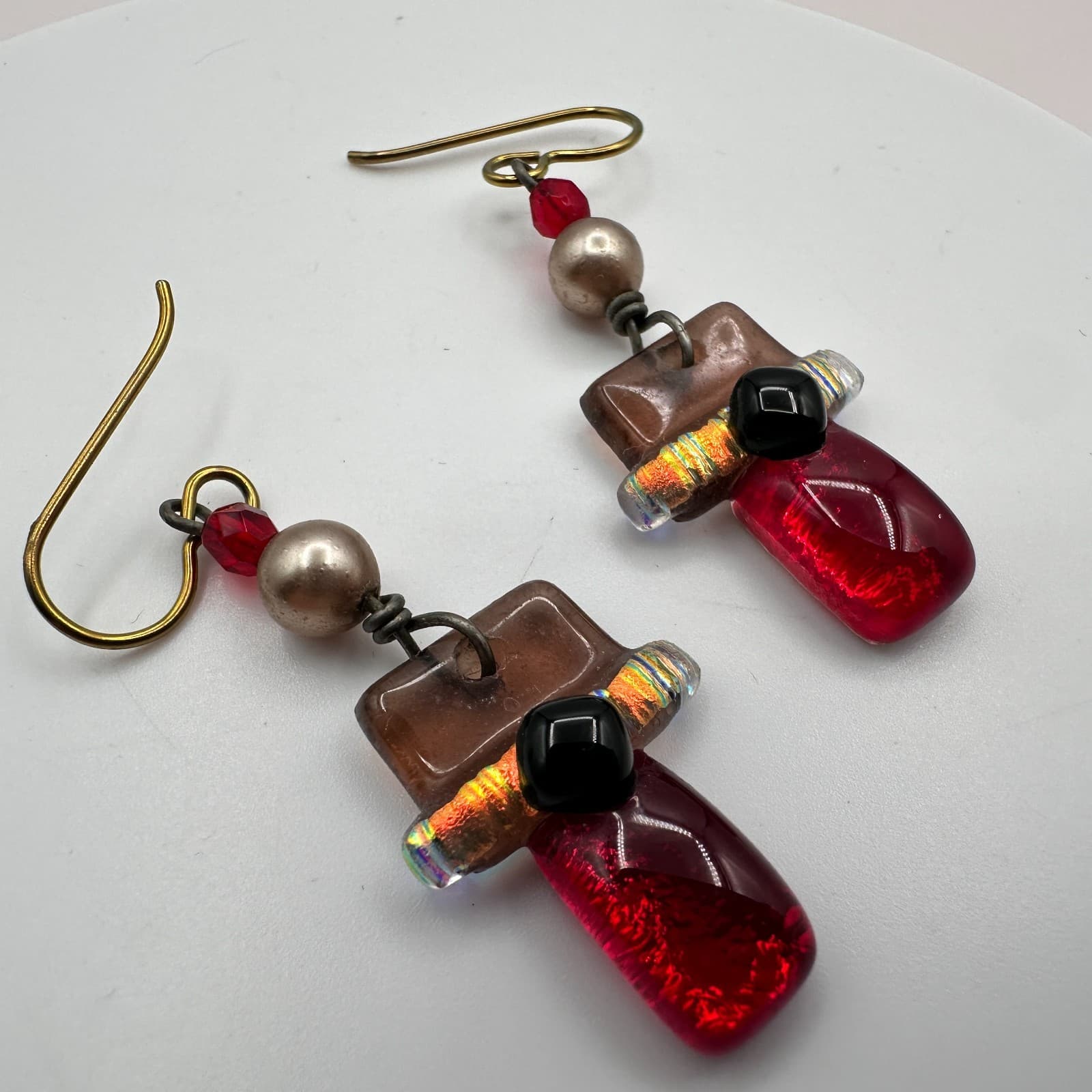 Vintage 90s Fused Dichroic Glass Geometric Drop Dangle Earrings Artisan Jewelry - Thumbnail 5