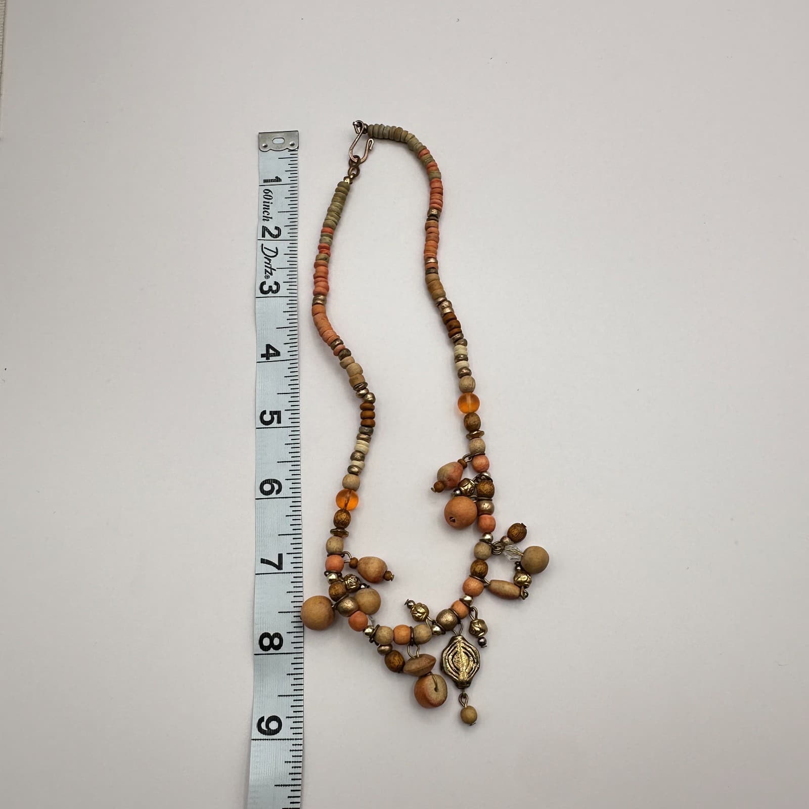 Vintage 70s Boho Colors Wood Shell Bead Dangle Choker Necklace Statement Jewelry - Thumbnail 10