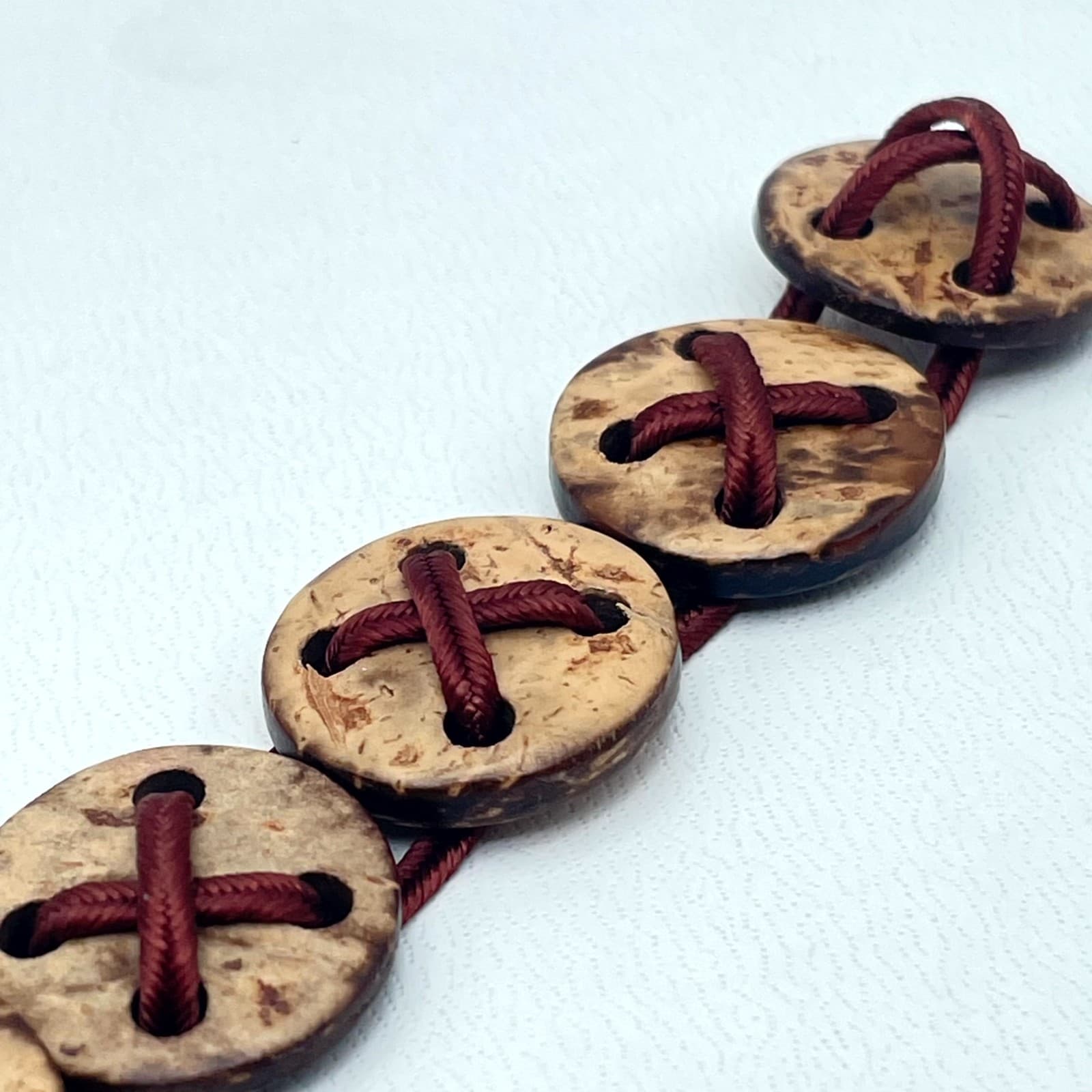 Folk Art Beige Red Artisanal Waxed Cord Wooden Button Beads Stretch Bracelet - Thumbnail 8