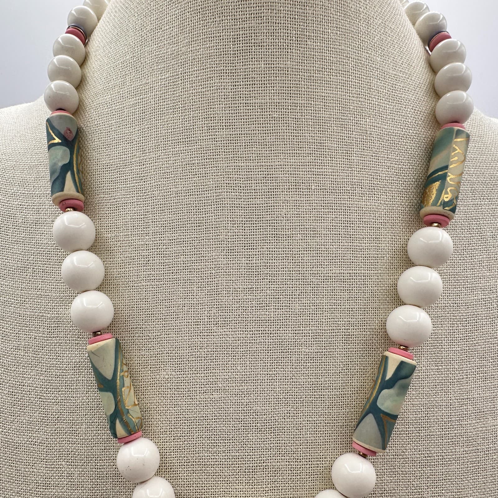 Vintage 90s Ceramic Pendant Necklace Hand Painted Pastel Abstract Art Jewelry - Thumbnail 5