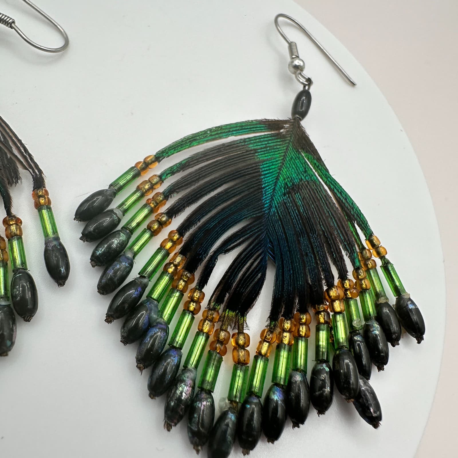 Vintage 80s Boho Peacock Feather Green Black Beaded Dangle Hook Earrings Jewelry - Thumbnail 4