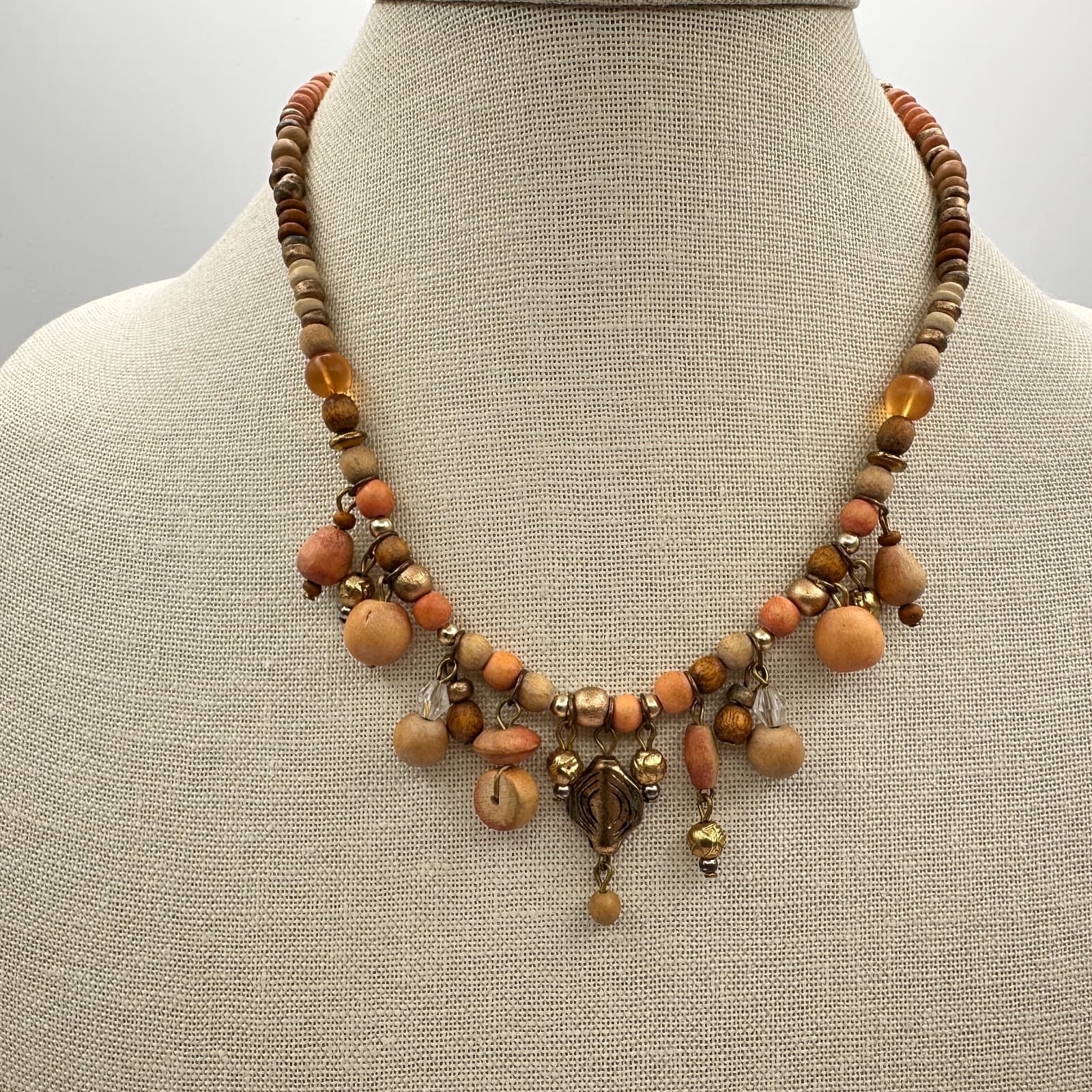 Vintage 70s Boho Colors Wood Shell Bead Dangle Choker Necklace Statement Jewelry - Thumbnail 3