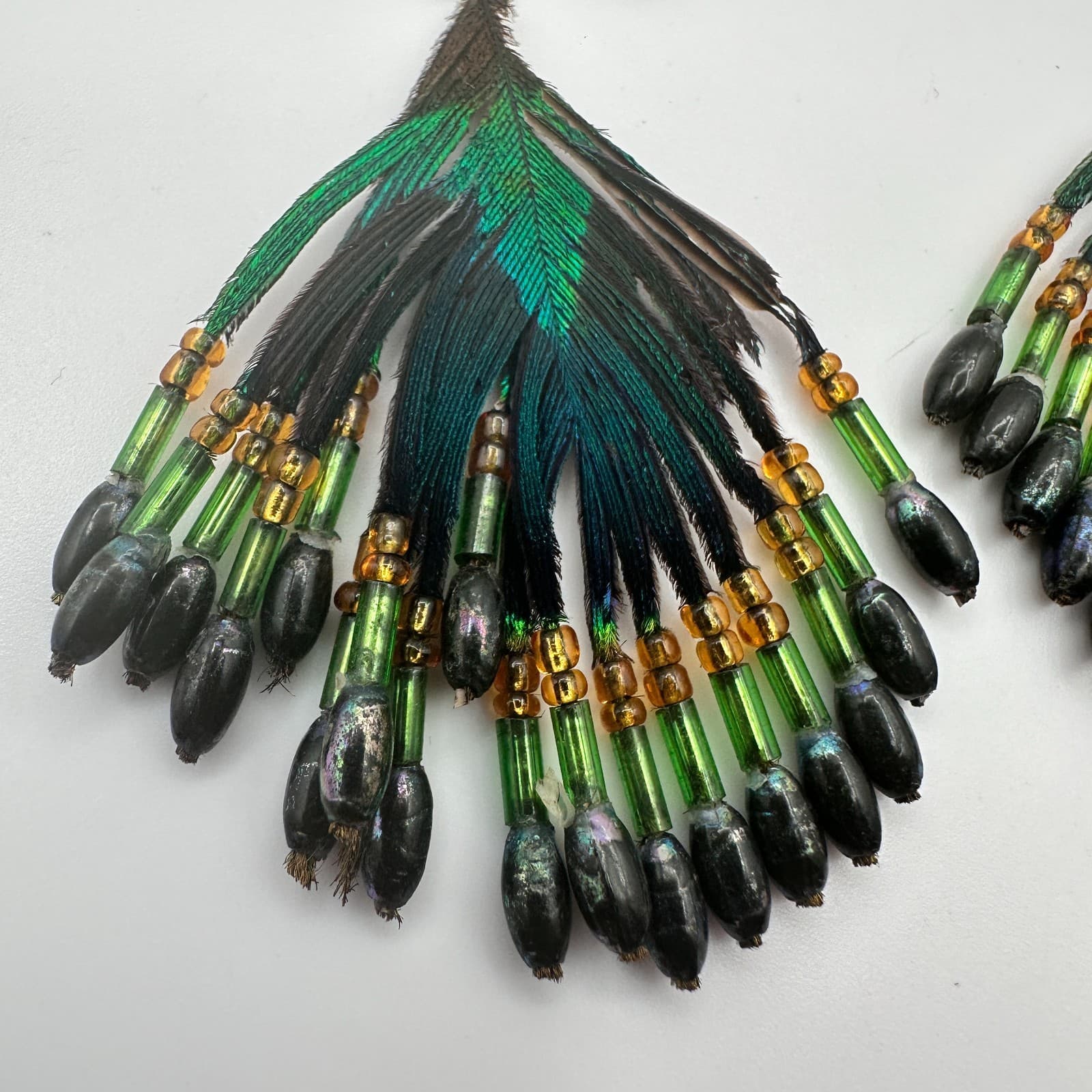 Vintage 80s Boho Peacock Feather Green Black Beaded Dangle Hook Earrings Jewelry - Thumbnail 6