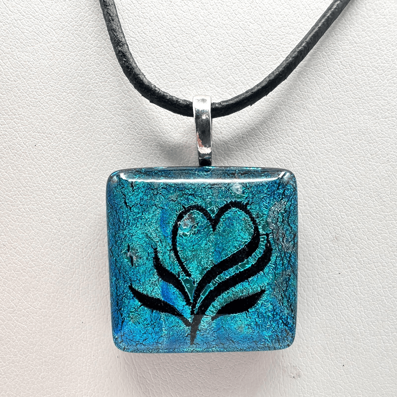 Vintage 90s Blue Dichroic Glass Heart Square Pendant Necklace Black Cord Jewelry - Image 1