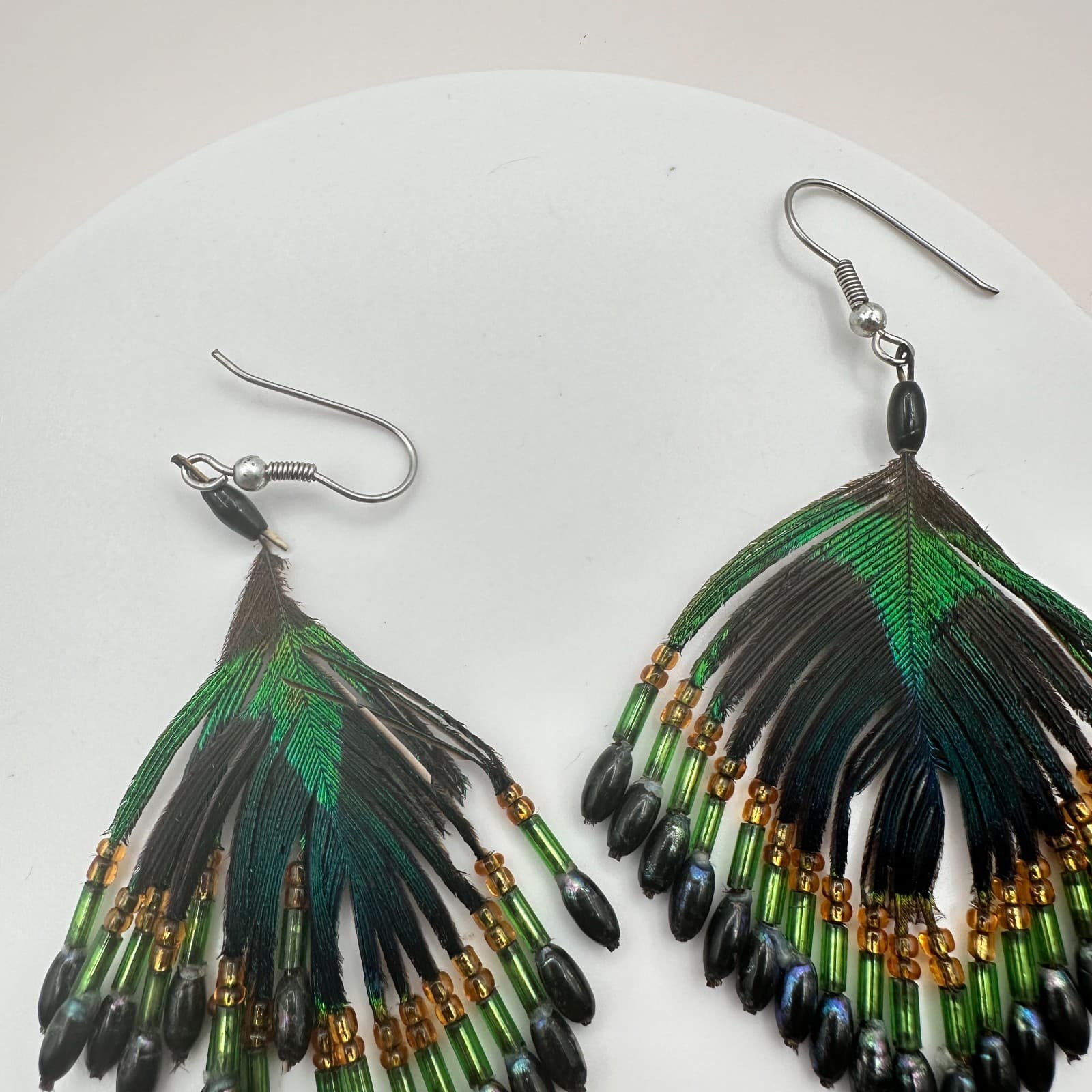 Vintage 80s Boho Peacock Feather Green Black Beaded Dangle Hook Earrings Jewelry - Thumbnail 5