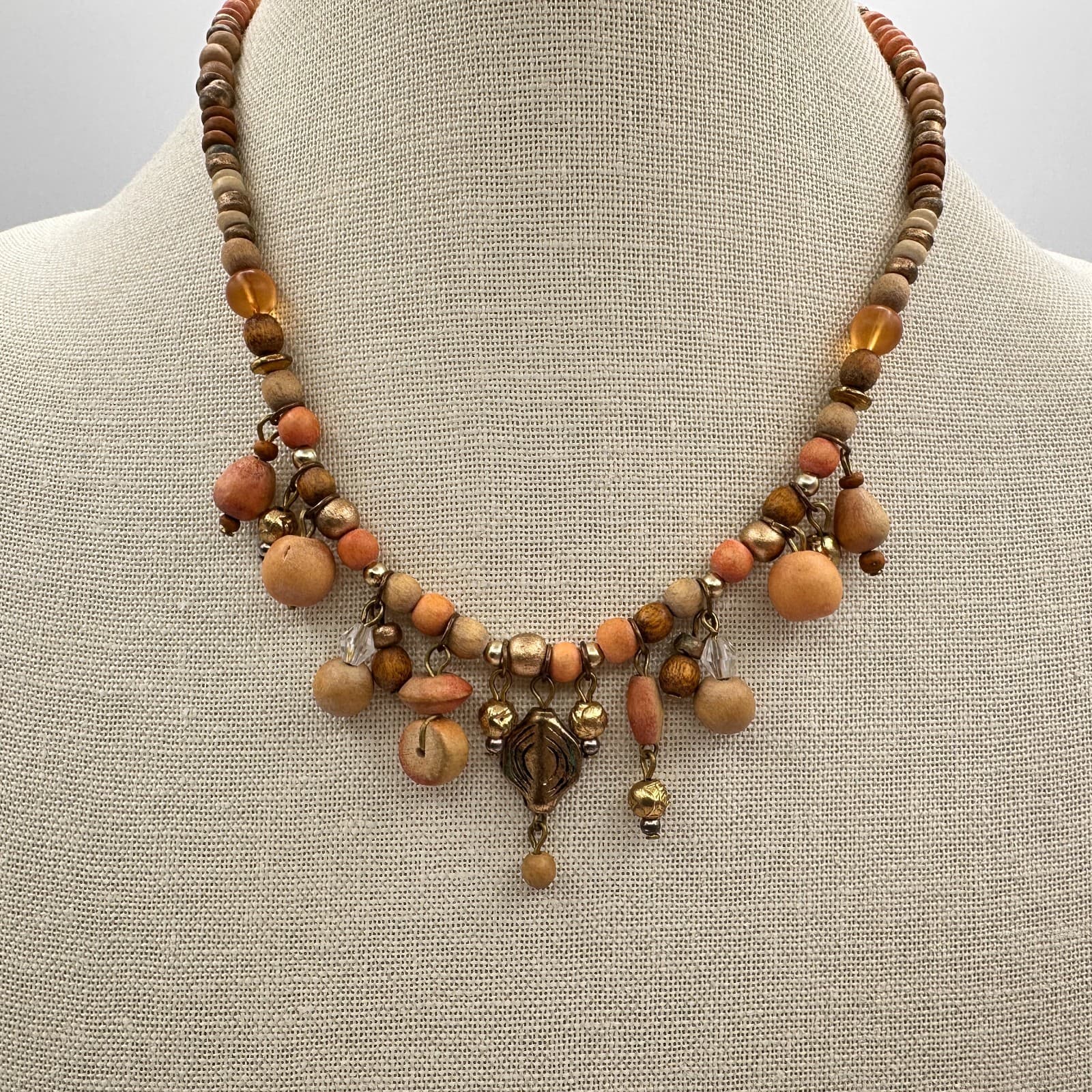 Vintage 70s Boho Colors Wood Shell Bead Dangle Choker Necklace Statement Jewelry - Thumbnail 8