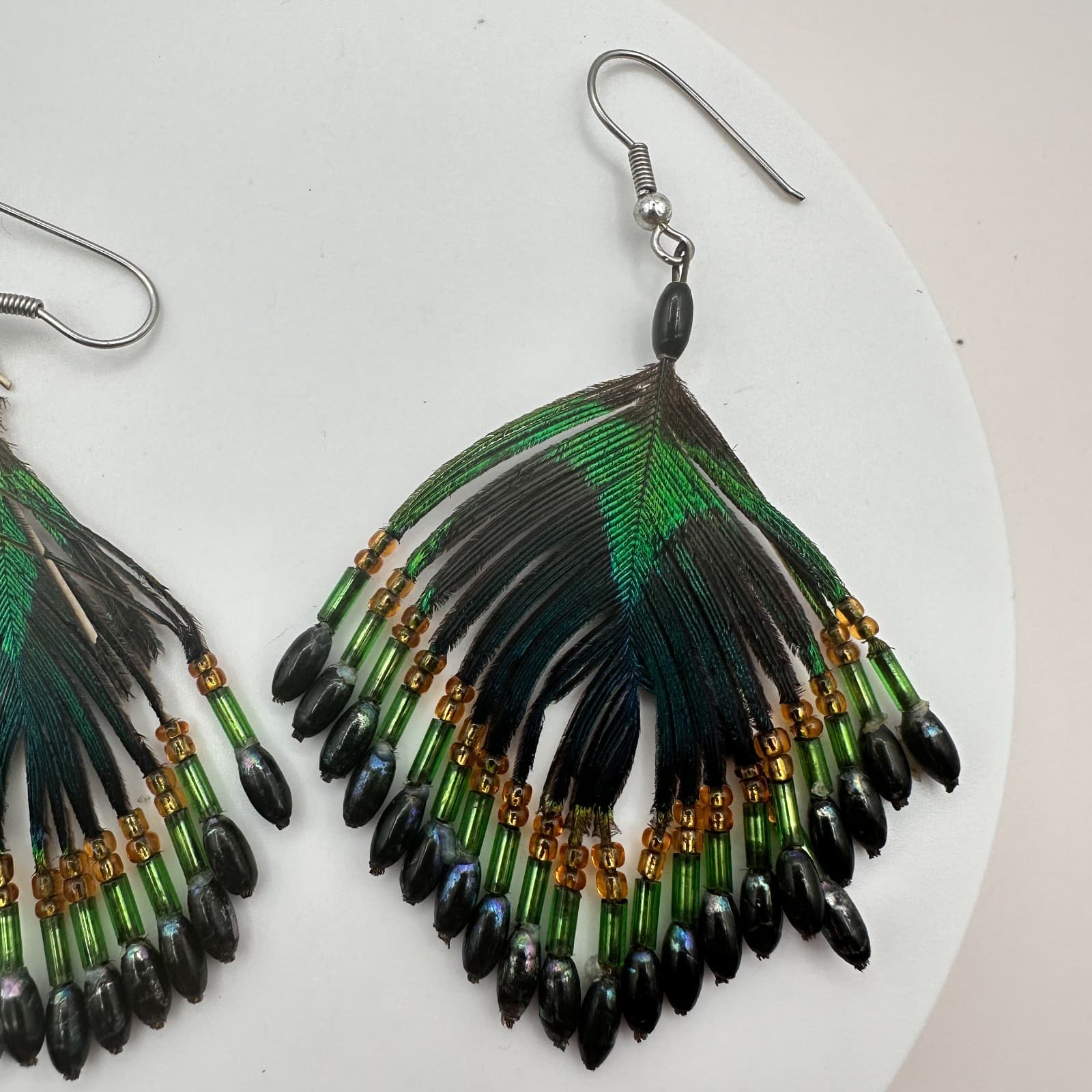 Vintage 80s Boho Peacock Feather Green Black Beaded Dangle Hook Earrings Jewelry - Thumbnail 3