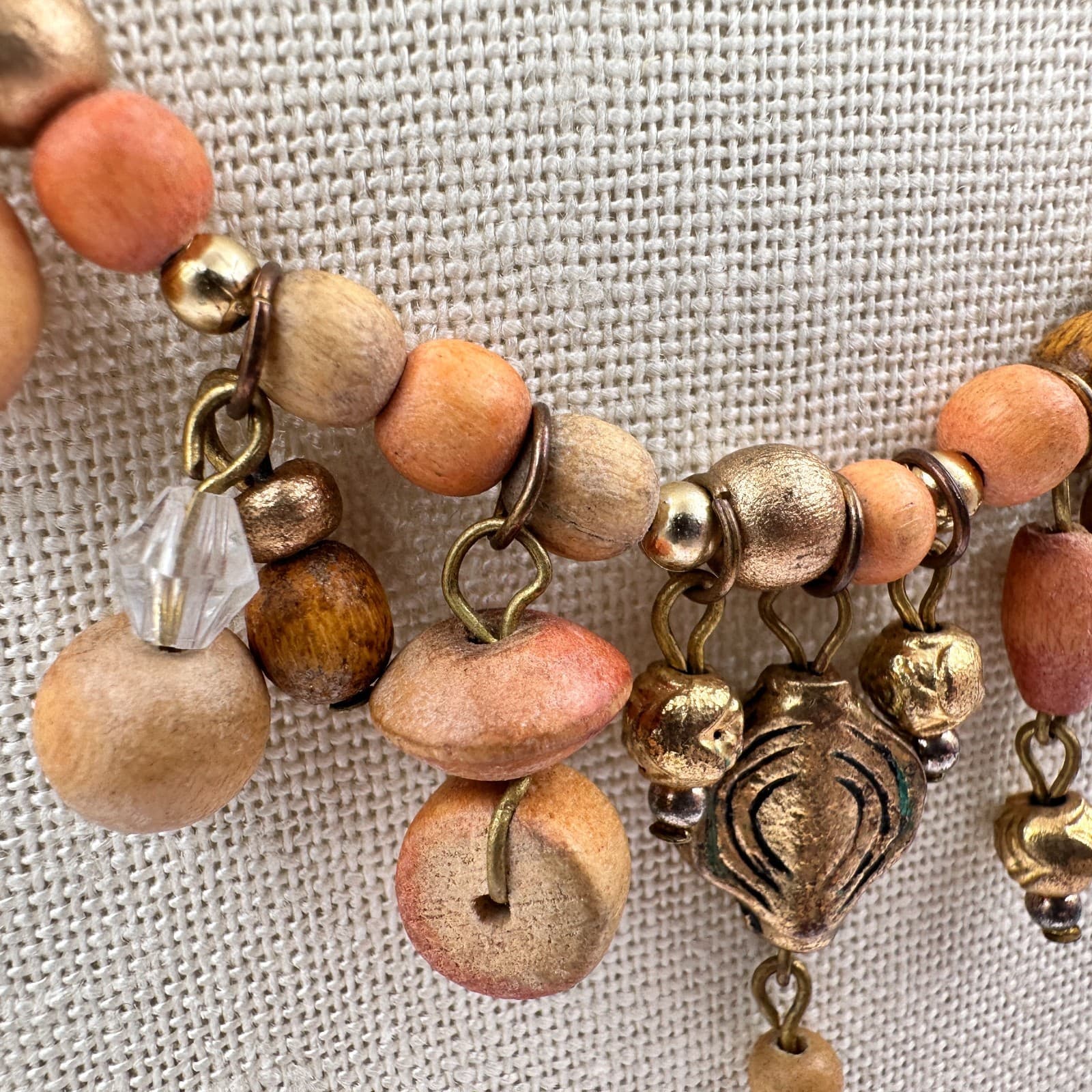 Vintage 70s Boho Colors Wood Shell Bead Dangle Choker Necklace Statement Jewelry - Thumbnail 6